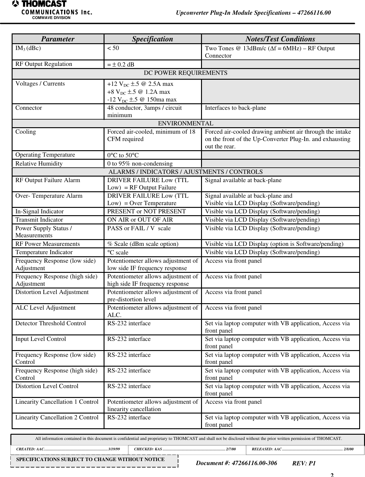 2Upconverter Plug-In Module Specifications &ndash; 47266116.00COMWAVE DIVISIONAll information contained in this document is confidential and proprietary to THOMCAST and shall not be disclosed without the prior written permission of THOMCAST.CREATED: AAC................................................................3/19/99 CHECKED: KAS ...............................................................2/7/00RELEASED: AAC............................................................. 2/8/00Document #: 47266116.00-306REV: P1SPECIFICATIONS SUBJECT TO CHANGE WITHOUT NOTICEParameter Specification Notes/Test ConditionsIM3 (dBc) < 50 Two Tones @ 13dBm/c (∆f = 6MHz) &ndash; RF OutputConnectorRF Output Regulation = &plusmn; 0.2 dBDC POWER REQUIREMENTSVoltages / Currents +12 VDC &plusmn;.5 @ 2.5A max+8 VDC &plusmn;.5 @ 1.2A max-12 VDC &plusmn;.5 @ 150ma maxConnector 48 conductor, 3amps / circuitminimum Interfaces to back-planeENVIRONMENTALCooling Forced air-cooled, minimum of 18CFM required Forced air-cooled drawing ambient air through the intakeon the front of the Up-Converter Plug-In. and exhaustingout the rear.Operating Temperature 0&deg;C to 50&deg;CRelative Humidity 0 to 95% non-condensingALARMS / INDICATORS / AJUSTMENTS / CONTROLSRF Output Failure Alarm DRIVER FAILURE Low (TTLLow)  = RF Output Failure Signal available at back-planeOver- Temperature Alarm DRIVER FAILURE Low (TTLLow)  = Over Temperature Signal available at back-plane andVisible via LCD Display (Software/pending)In-Signal Indicator PRESENT or NOT PRESENT Visible via LCD Display (Software/pending)Transmit Indicator ON AIR or OUT OF AIR Visible via LCD Display (Software/pending)Power Supply Status /Measurements PASS or FAIL / V  scale Visible via LCD Display (Software/pending)RF Power Measurements % Scale (dBm scale option) Visible via LCD Display (option is Software/pending)Temperature Indicator &deg;C scale Visible via LCD Display (Software/pending)Frequency Response (low side)Adjustment Potentiometer allows adjustment oflow side IF frequency response Access via front panelFrequency Response (high side)Adjustment Potentiometer allows adjustment ofhigh side IF frequency response Access via front panelDistortion Level Adjustment Potentiometer allows adjustment ofpre-distortion level Access via front panelALC Level Adjustment Potentiometer allows adjustment ofALC. Access via front panelDetector Threshold Control RS-232 interface Set via laptop computer with VB application, Access viafront panelInput Level Control RS-232 interface Set via laptop computer with VB application, Access viafront panelFrequency Response (low side)Control RS-232 interface Set via laptop computer with VB application, Access viafront panelFrequency Response (high side)Control RS-232 interface Set via laptop computer with VB application, Access viafront panelDistortion Level Control RS-232 interface Set via laptop computer with VB application, Access viafront panelLinearity Cancellation 1 Control Potentiometer allows adjustment oflinearity cancellation Access via front panelLinearity Cancellation 2 Control RS-232 interface Set via laptop computer with VB application, Access viafront panel