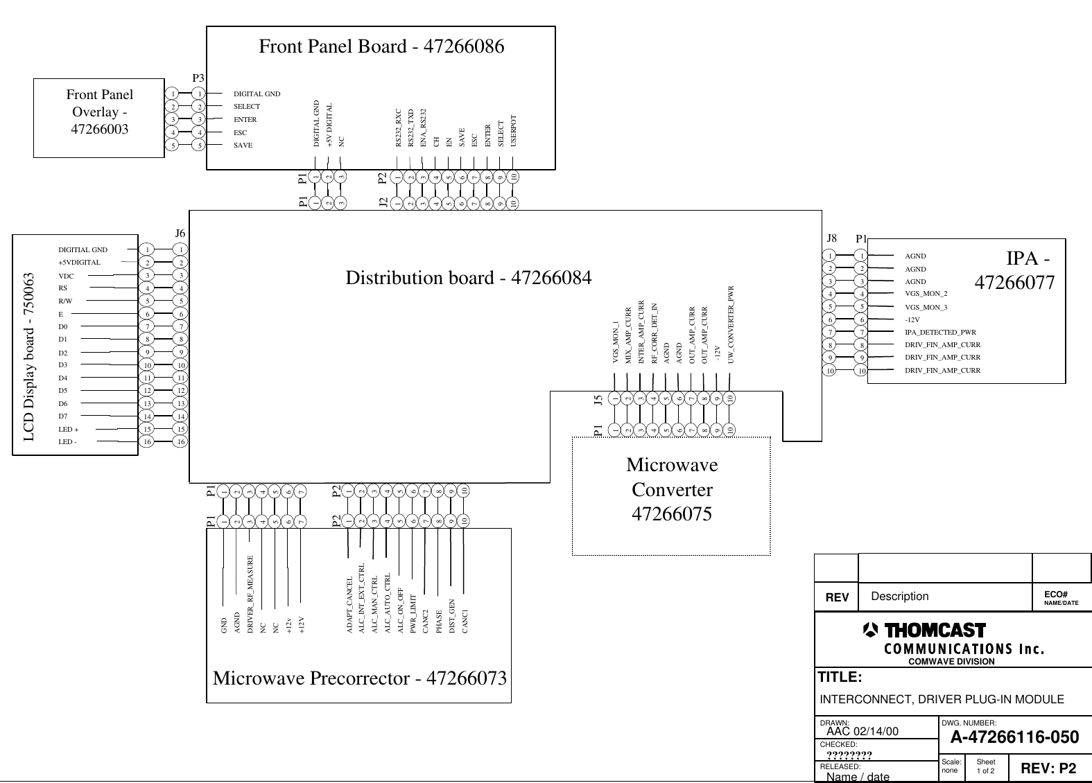 Microwave Precorrector - 47266073Front Panel Board - 47266086Distribution board - 47266084AGNDAGNDAGNDVGS_MON_2VGS_MON_3-12VIPA_DETECTED_PWRDRIV_FIN_AMP_CURRGNDAGNDDRIVER_RF_MEASURENCNC+12V123456712345678910+12v LCD Display board - 750063DIGITIAL GND+5VDIGITALVDCD5RSR/WED0D1D2D3D4D6D7LED +LED -123456789101112131415161234567891011121314151612345671234567891012345678910MicrowaveConverter47266075VGS_MON_1MIX_AMP_CURR-12VAGNDUW_CONVERTER_PWROUT_AMP_CURRRF_CORR_DET_INAGND12345678910OUT_AMP_CURRINTER_AMP_CURRDRAWN:RELEASED:CHECKED:DWG. NUMBER:TITLE:REV: P2A-47266116-050INTERCONNECT, DRIVER PLUG-IN MODULEAAC 02/14/00Name / date???????? Scale:none Sheet1 of 2COMWAVE DIVISIONREV Description ECO#NAME/DATE123DIGITAL GND+5V DIGITALNC123P1P112345678910 USERPOTSELECTRS232_TXDRS232_RXCENA_RS232CHENSAVEESCENTER12345678910J2 P212345DIGITAL GNDSELECTENTERESCSAVE12345P3Front PanelOverlay -47266003P1P1P2P2J6J5P1DRIV_FIN_AMP_CURRDRIV_FIN_AMP_CURR1234567891012345678910P1J8IPA - 47266077ADAPT_CANCELALC_INT_EXT_CTRLPWR_LIMITALC_MAN_CTRLPHASECANC2DIST_GENCANC1ALC_ON_OFFALC_AUTO_CTRL
