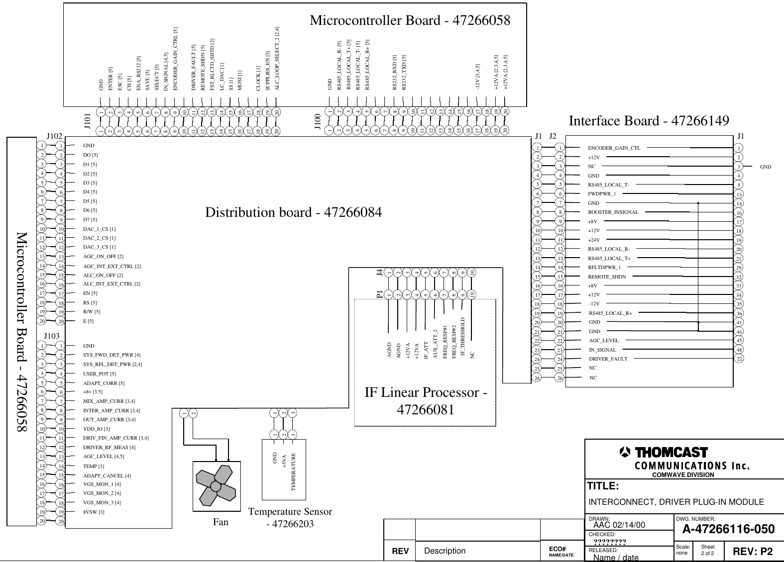 Distribution board - 47266084ENCODER_GAIN_CTL+12VNCGNDRS485_LOCAL_T-FWDPWR_1REMOTE_SHDNGNDBOOSTER_INSIGNAL+8V+12V+24VRS485_LOCAL_R-RS485_LOCAL_T+RFLTDPWR_1+8V+12VIF Linear Processor -47266081AGNDAGNDIF_THRESHOLDIF_ATTNCFREQ_RESP#2+12VAAUX_ATT_2FREQ_RESP#1+12VADRAWN:RELEASED:CHECKED:DWG. NUMBER:TITLE:REV: P2A-47266116-050INTERCONNECT, DRIVER PLUG-IN MODULEAAC 02/14/00Name / date???????? Scale:none Sheet2 of 2COMWAVE DIVISIONREV Description ECO#NAME/DATEGND+5VATEMPERATURE123123Temperature Sensor- 4726620312Fan1234567891012345678910J4P112345678910111213141516171819202122232425261234567891011121314151617181920212223242526J2J1IN_SIGNAL-12VRS485_LOCAL_R+GNDGNDAGC_LEVELDRIVER_FAULTNCNC1234513141617181920212229323334353641444548GNDInterface Board - 47266149J1DRIV_FIN_AMP_CURR [3,4]1234567891011121314151617181920GNDSYS_FWD_DET_PWR [4]SYS_RFL_DET_PWR [2,4]USER_POT [5]ADAPT_CORR [5]VDD_IO [3]OUT_AMP_CURR [3,4]DRIVER_RF_MEAS [4]+8v [3.5]MIX_AMP_CURR [3,4]INTER_AMP_CURR [3,4]AGC_LEVEL [4,5]ADAPT_CANCEL [4]TEMP [3]VGS_MON_1 [4]VGS_MON_2 [4]VGS_MON_3 [4]8VSW [3]1234567891011121314151617181920DAC_2_CS [1]1234567891011121314151617181920GNDDO [5]D1 [5]D2 [5]D3 [5]DAC_1_CS [1]D7 [5]DAC_3_CS [1]D4 [5]D5 [5]D6 [5]AGC_ON_OFF [2]ALC_ON_OFF [2]AGC_INT_EXT_CTRL [2]ALC_INT_EXT_CTRL [2]EN [5]RS [5]R/W [5]1234567891011121314151617181920 E [5]J102J103Microcontroller Board - 47266058DRIVER_FAULT [5]1234567891011121314151617181920GNDENTER [5]ESC [5]CH [5]ENA_RS232 [5]ENCODER_GAIN_CTRL [5]REMOTE_SHDN [5]SAVE [5]SELECT [5]IN_SIGNAL [4,5]FST_RLCTD_SHTD [2]SS [1]LC_DAC [1]MOSI [1]CLOCK [1]SUPPLIES_EN [3]1234567891011121314151617181920 ALC_LOOP_SELECT_2 [2,4]J1011234567891011121314151617181920GNDRS485_LOCAL_R- [5]RS485_LOCAL_T+ [5]RS485_LOCAL_T- [5]RS485_LOCAL_R+ [5]RS232_TXD [5]RS232_RXD [5]-12V [3,4,5]+12VA [2,3,4,5]1234567891011121314151617181920 +12VA [2,3,4,5]J100Microcontroller Board - 47266058