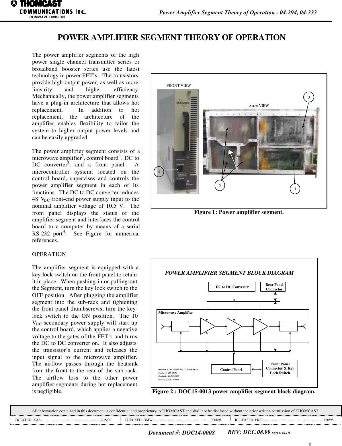 1Power Amplifier Segment Theory of Operation - 04-294, 04-333COMWAVE DIVISIONAll information contained in this document is confidential and proprietary to THOMCAST and shall not be disclosed without the prior written permission of THOMCAST.CREATED: KAS...................................................................9/15/98CHECKED: DMW................................................................9/18/98 RELEASED: PRC.................................................................10/20/98Document #: DOC14-0008REV: DEC.08.99 ECO #: 98-116POWER AMPLIFIER SEGMENT THEORY OF OPERATIONThe power amplifier segments of the highpower single channel transmitter series orbroadband booster series use the latesttechnology in power FET&rsquo;s.  The transistorsprovide high output power, as well as morelinearity and higher efficiency.Mechanically, the power amplifier segmentshave a plug-in architecture that allows hotreplacement.  In addition to hotreplacement, the architecture of theamplifier enables flexibility to tailor thesystem to higher output power levels andcan be easily upgraded.The power amplifier segment consists of amicrowave amplifier2, control board1, DC toDC converter3, and a front panel.  Amicrocontroller system, located on thecontrol board, supervises and controls thepower amplifier segment in each of itsfunctions.  The DC to DC converter reduces48 VDC front-end power supply input to thenominal amplifier voltage of 10.5 V.  Thefront panel displays the status of theamplifier segment and interfaces the controlboard to a computer by means of a serialRS-232 port4.  See Figure for numericalreferences.123FRONT VIEWSIDE VIEW4Figure 1: Power amplifier segment.OPERATIONThe amplifier segment is equipped with akey lock switch on the front panel to retainit in place.  When pushing-in or pulling-outthe Segment, turn the key lock switch to theOFF position.  After plugging the amplifiersegment into the sub-rack and tighteningthe front panel thumbscrews, turn the key-lock switch to the ON position.  The 10VDC secondary power supply will start upthe control board, which applies a negativevoltage to the gates of the FET&rsquo;s and turnsthe DC to DC converter on.  It also adjuststhe transistor&rsquo;s current and releases theinput signal to the microwave amplifier.The airflow passes through the heatsinkfrom the front to the rear of the sub-rack.The airflow loss to the other poweramplifier segments during hot replacementis negligible.POWER AMPLIFIER SEGMENT BLOCK DIAGRAMMicrowave AmplifierRear PanelConnectorDC to DC ConverterControl PanelFront PanelConnector &amp; KeyLock SwitchDocument #: DOC15-0013  REV: C, ECO #: 98-116Created by: KAS 9/15/98Checked by: DMW 9/18/98Released by: PRC 10/29/98Figure 2 : DOC15-0013 power amplifier segment block diagram.