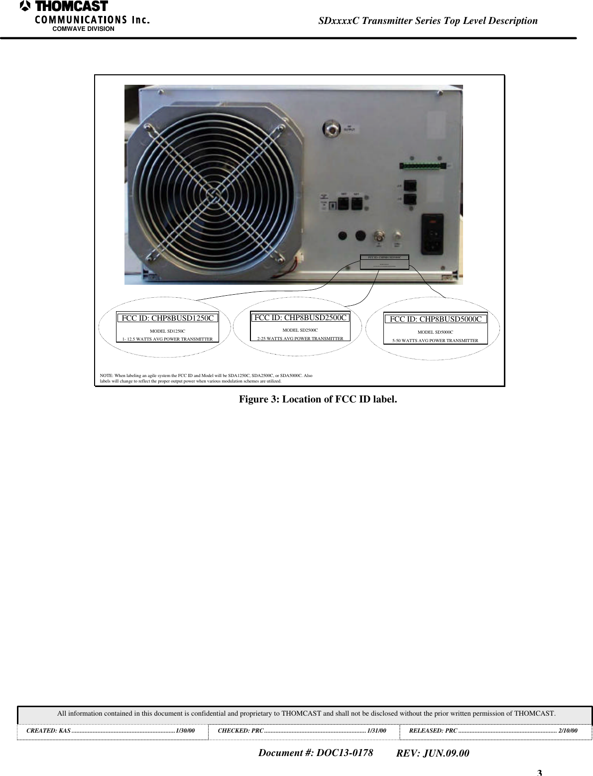 3SDxxxxC Transmitter Series Top Level DescriptionCOMWAVE DIVISIONAll information contained in this document is confidential and proprietary to THOMCAST and shall not be disclosed without the prior written permission of THOMCAST.CREATED: KAS ................................................................1/30/00 CHECKED: PRC...............................................................1/31/00RELEASED: PRC............................................................. 2/10/00Document #: DOC13-0178REV: JUN.09.00FCC ID: CHP8BUSD2500CMODEL SD2500C2-25 WATTS AVG POWER TRANSMITTERFCC ID: CHP8BUSD5000CMODEL SD5000C5-50 WATTS AVG POWER TRANSMITTERFCC ID: CHP8BUSD5000CMODEL SD5000C5-50 WATTS AVG POWER TRANSMITTERNOTE: When labeling an agile system the FCC ID and Model will be SDA1250C, SDA2500C, or SDA5000C. Alsolabels will change to reflect the proper output power when various modulation schemes are utilized.FCC ID: CHP8BUSD1250CMODEL SD1250C1- 12.5 WATTS AVG POWER TRANSMITTERFigure 3: Location of FCC ID label.