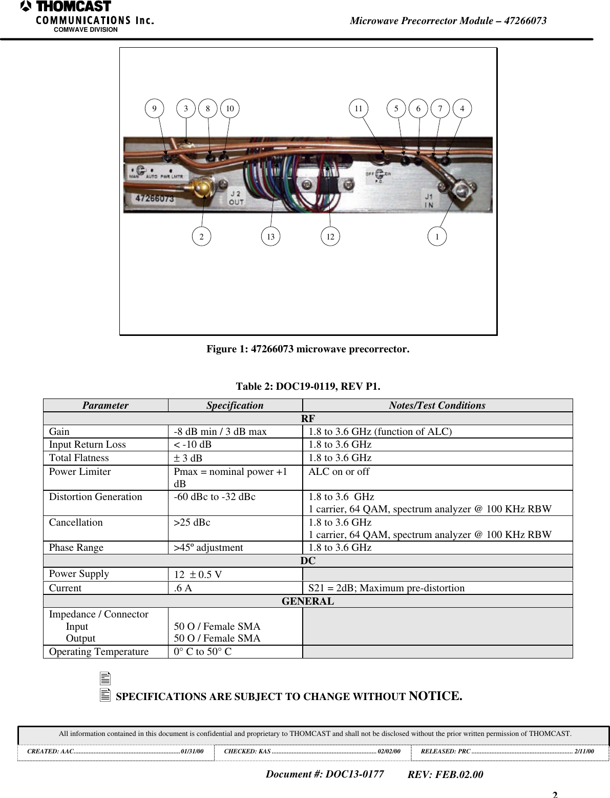 2Microwave Precorrector Module – 47266073COMWAVE DIVISIONAll information contained in this document is confidential and proprietary to THOMCAST and shall not be disclosed without the prior written permission of THOMCAST.CREATED: AAC................................................................01/31/00 CHECKED: KAS ...............................................................02/02/00RELEASED: PRC............................................................. 2/11/00Document #: DOC13-0177REV: FEB.02.009 3 8 102 113 1211 5 6 7 4Figure 1: 47266073 microwave precorrector.Table 2: DOC19-0119, REV P1.Parameter Specification Notes/Test ConditionsRFGain -8 dB min / 3 dB max 1.8 to 3.6 GHz (function of ALC)Input Return Loss < -10 dB 1.8 to 3.6 GHzTotal Flatness ± 3 dB 1.8 to 3.6 GHzPower Limiter Pmax = nominal power +1dB ALC on or offDistortion Generation -60 dBc to -32 dBc 1.8 to 3.6 GHz1 carrier, 64 QAM, spectrum analyzer @ 100 KHz RBWCancellation >25 dBc 1.8 to 3.6 GHz1 carrier, 64 QAM, spectrum analyzer @ 100 KHz RBWPhase Range >45º adjustment 1.8 to 3.6 GHzDCPower Supply 12 ± 0.5 VCurrent .6 A S21 = 2dB; Maximum pre-distortionGENERALImpedance / ConnectorInputOutput 50 O / Female SMA50 O / Female SMAOperating Temperature 0° C to 50° C• • SPECIFICATIONS ARE SUBJECT TO CHANGE WITHOUT NOTICE.