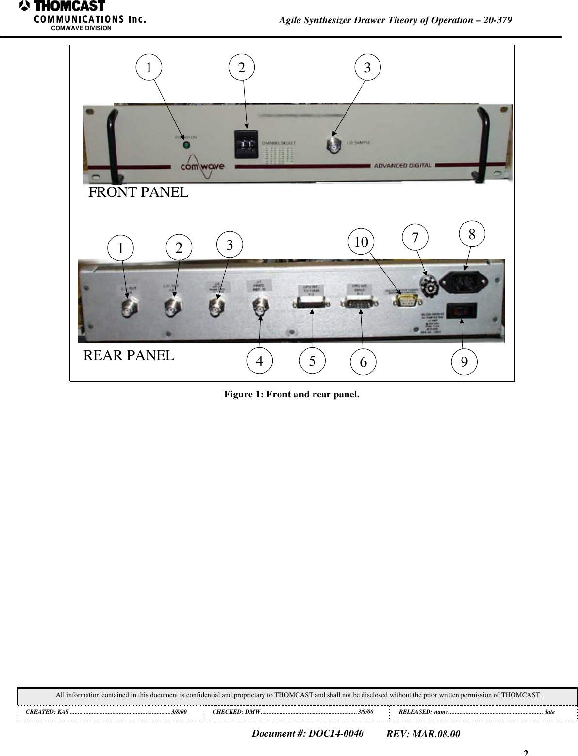 2Agile Synthesizer Drawer Theory of Operation &ndash; 20-379COMWAVE DIVISIONAll information contained in this document is confidential and proprietary to THOMCAST and shall not be disclosed without the prior written permission of THOMCAST.CREATED: KAS ................................................................3/8/00 CHECKED: DMW............................................................. 3/8/00RELEASED: name............................................................ dateDocument #: DOC14-0040REV: MAR.08.001 2 312310 784 5 6 9FRONT PANELREAR PANELFigure 1: Front and rear panel.