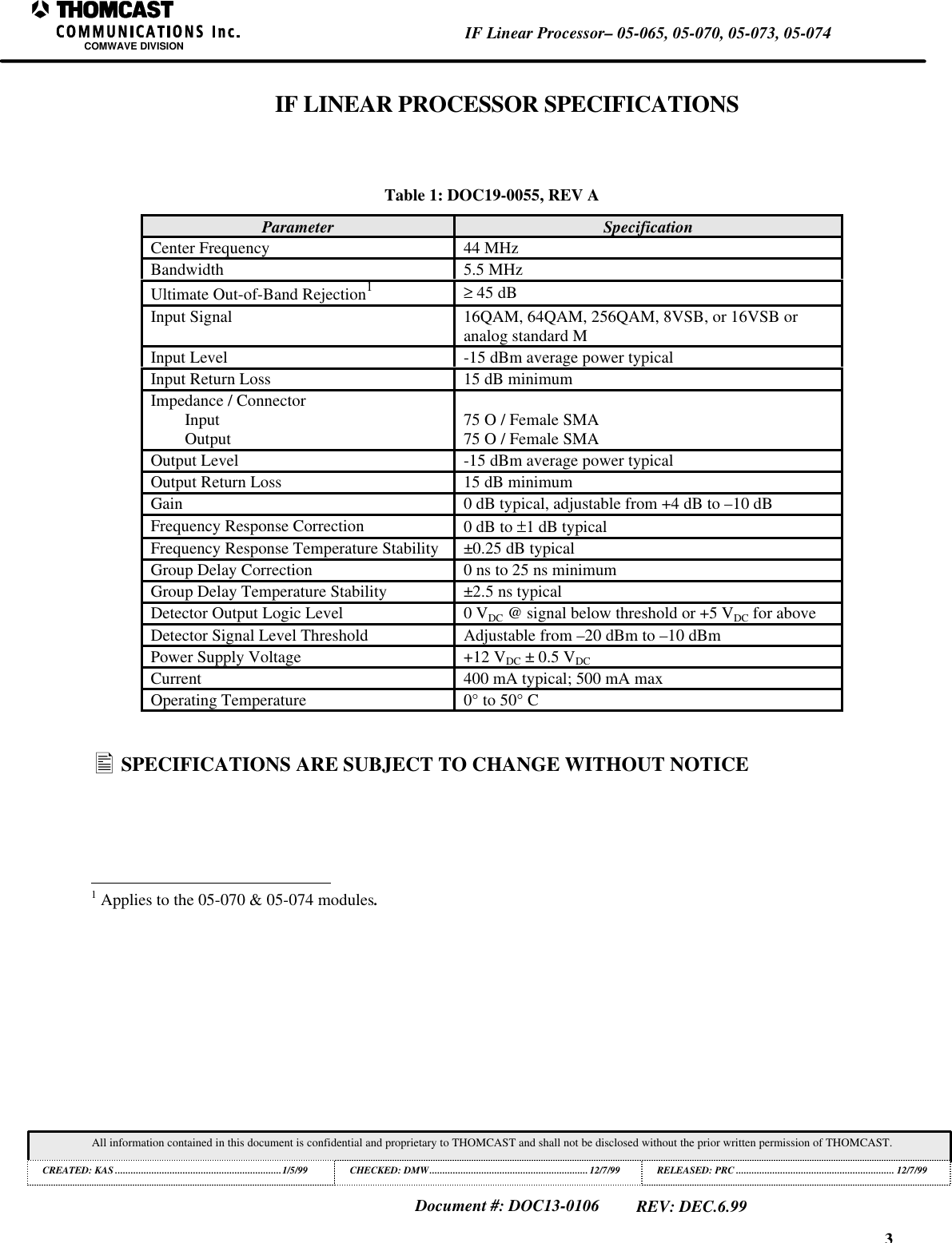 3IF Linear Processor&ndash; 05-065, 05-070, 05-073, 05-074COMWAVE DIVISIONAll information contained in this document is confidential and proprietary to THOMCAST and shall not be disclosed without the prior written permission of THOMCAST.CREATED: KAS ................................................................1/5/99 CHECKED: DMW............................................................. 12/7/99RELEASED: PRC............................................................. 12/7/99Document #: DOC13-0106REV: DEC.6.99IF LINEAR PROCESSOR SPECIFICATIONSTable 1: DOC19-0055, REV AParameter SpecificationCenter Frequency 44 MHzBandwidth 5.5 MHzUltimate Out-of-Band Rejection1&ge; 45 dBInput Signal 16QAM, 64QAM, 256QAM, 8VSB, or 16VSB oranalog standard MInput Level -15 dBm average power typicalInput Return Loss 15 dB minimumImpedance / ConnectorInputOutput 75 O / Female SMA75 O / Female SMAOutput Level -15 dBm average power typicalOutput Return Loss 15 dB minimumGain 0 dB typical, adjustable from +4 dB to &ndash;10 dBFrequency Response Correction 0 dB to &plusmn;1 dB typicalFrequency Response Temperature Stability &plusmn;0.25 dB typicalGroup Delay Correction 0 ns to 25 ns minimumGroup Delay Temperature Stability &plusmn;2.5 ns typicalDetector Output Logic Level 0 VDC @ signal below threshold or +5 VDC for aboveDetector Signal Level Threshold Adjustable from &ndash;20 dBm to &ndash;10 dBmPower Supply Voltage +12 VDC &plusmn; 0.5 VDCCurrent 400 mA typical; 500 mA maxOperating Temperature 0&deg; to 50&deg; C&bull; SPECIFICATIONS ARE SUBJECT TO CHANGE WITHOUT NOTICE                                                          1 Applies to the 05-070 &amp; 05-074 modules.