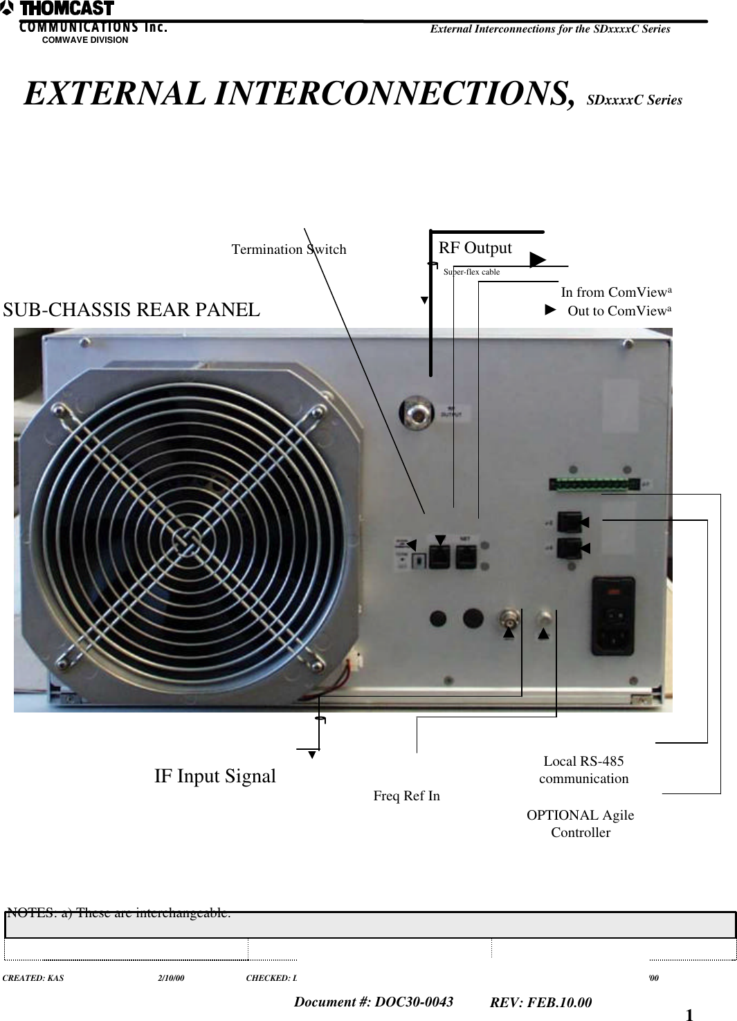 EXTERNAL INTERCONNECTIONS, SDxxxxC SeriesCOMWAVE DIVISION External Interconnections for the SDxxxxC SeriesAll information contained in this document is confidential and proprietary to THOMCAST and shall not be disclosed without the prior written permission of THOMCAST.CREATED: KAS 2/10/00 CHECKED: DMW 2/14/00 RELEASED: PRC 2/14/00Document #: DOC30-0043 REV: FEB.10.00 1SUB-CHASSIS REAR PANELIF Input SignalRF OutputSuper-flex cableIn from ComViewaOut to ComViewaTermination SwitchOPTIONAL AgileControllerLocal RS-485communicationFreq Ref InNOTES: a) These are interchangeable.