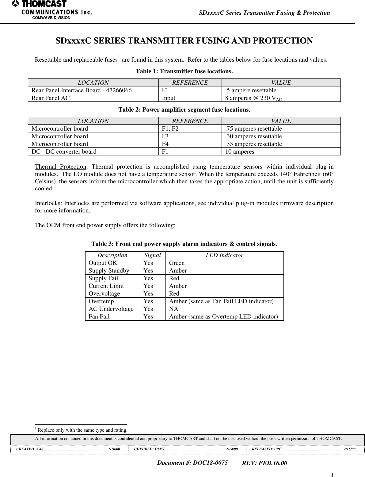 1SDxxxxC Series Transmitter Fusing & ProtectionCOMWAVE DIVISIONAll information contained in this document is confidential and proprietary to THOMCAST and shall not be disclosed without the prior written permission of THOMCAST.CREATED: KAS ................................................................2/10/00 CHECKED: DMW.............................................................2/14/00RELEASED: PRC............................................................. 2/16/00Document #: DOC18-0075REV: FEB.16.00SDxxxxC SERIES TRANSMITTER FUSING AND PROTECTIONResettable and replaceable fuses1 are found in this system. Refer to the tables below for fuse locations and values.Table 1: Transmitter fuse locations.LOCATION REFERENCE VALUERear Panel Interface Board - 47266066 F1 .5 ampere resettableRear Panel AC Input 8 amperes @ 230 VACTable 2: Power amplifier segment fuse locations.LOCATION REFERENCE VALUEMicrocontroller board F1, F2 .75 amperes resettableMicrocontroller board F3 .30 amperes resettableMicrocontroller board F4 .35 amperes resettableDC - DC converter board F1 10 amperesThermal Protection: Thermal protection is accomplished using temperature sensors within individual plug-inmodules. The LO module does not have a temperature sensor. When the temperature exceeds 140° Fahrenheit (60°Celsius), the sensors inform the microcontroller which then takes the appropriate action, until the unit is sufficientlycooled.Interlocks: Interlocks are performed via software applications, see individual plug-in modules firmware descriptionfor more information.The OEM front end power supply offers the following:Table 3: Front end power supply alarm indicators & control signals.Description Signal LED IndicatorOutput OK Yes GreenSupply Standby Yes AmberSupply Fail Yes RedCurrent Limit Yes AmberOvervoltage Yes RedOvertemp Yes Amber (same as Fan Fail LED indicator)AC Undervoltage Yes NAFan Fail Yes Amber (same as Overtemp LED indicator) 1 Replace only with the same type and rating.