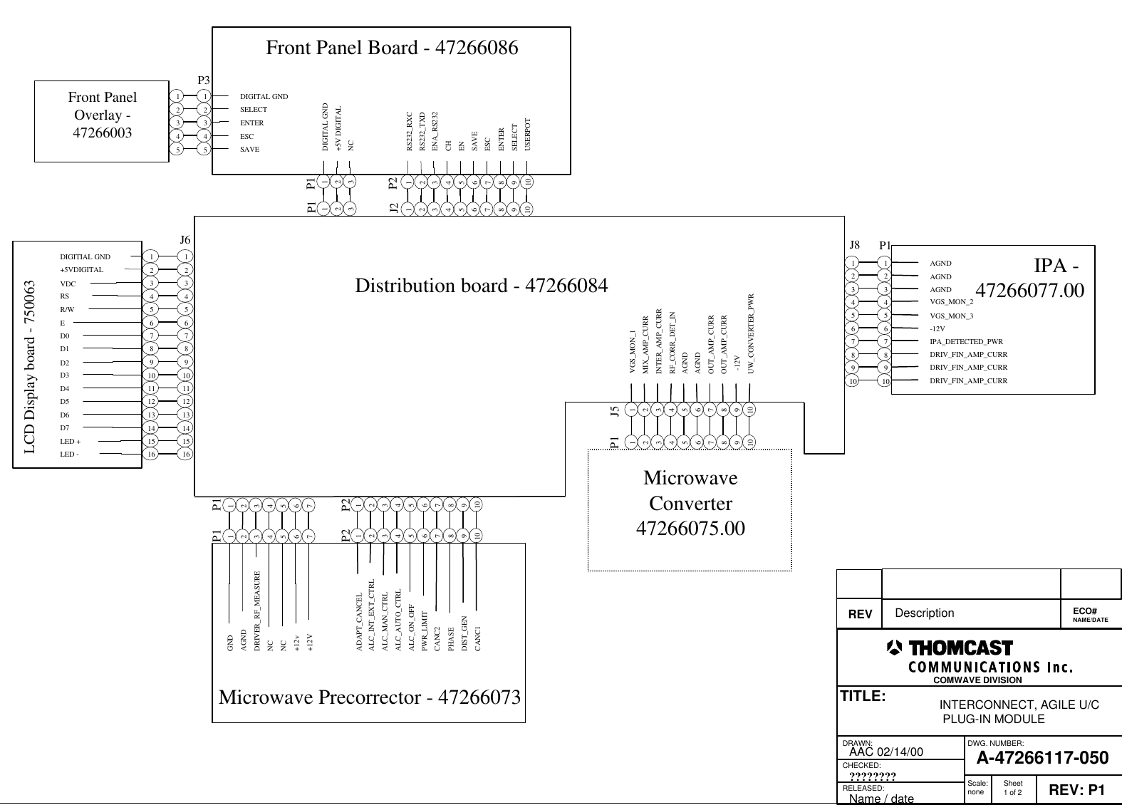 Microwave Precorrector - 47266073Front Panel Board - 47266086Distribution board - 47266084AGNDAGNDAGNDVGS_MON_2VGS_MON_3-12VIPA_DETECTED_PWRDRIV_FIN_AMP_CURRGNDAGNDDRIVER_RF_MEASURENCNC+12V123456712345678910+12v LCD Display board - 750063DIGITIAL GND+5VDIGITALVDCD5RSR/WED0D1D2D3D4D6D7LED +LED -123456789101112131415161234567891011121314151612345671234567891012345678910MicrowaveConverter47266075.00VGS_MON_1MIX_AMP_CURR-12VAGNDUW_CONVERTER_PWROUT_AMP_CURRRF_CORR_DET_INAGND12345678910OUT_AMP_CURRINTER_AMP_CURRDRAWN:RELEASED:CHECKED:DWG. NUMBER:TITLE:REV: P1A-47266117-050INTERCONNECT, AGILE U/C PLUG-IN MODULEAAC 02/14/00Name / date???????? Scale:none Sheet1 of 2COMWAVE DIVISIONREV Description ECO#NAME/DATE123DIGITAL GND+5V DIGITALNC123P1P112345678910 USERPOTSELECTRS232_TXDRS232_RXCENA_RS232CHENSAVEESCENTER12345678910J2 P212345DIGITAL GNDSELECTENTERESCSAVE12345P3Front PanelOverlay -47266003P1P1P2P2J6J5P1DRIV_FIN_AMP_CURRDRIV_FIN_AMP_CURR1234567891012345678910P1J8IPA - 47266077.00ADAPT_CANCELALC_INT_EXT_CTRLPWR_LIMITALC_MAN_CTRLPHASECANC2DIST_GENCANC1ALC_ON_OFFALC_AUTO_CTRL