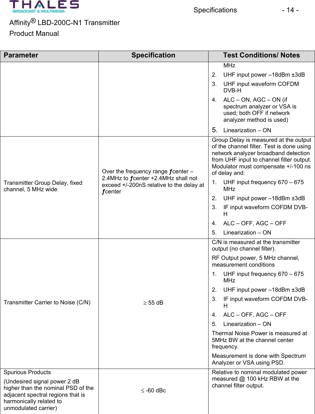 Specifications - 14 - &reg;Affinity  LBD-200C-N1 TransmitterProduct Manual Parameter Specification Test Conditions/ Notes MHz2. UHF input power &ndash;18dBm &plusmn;3dB3. UHF input waveform COFDM DVB-H4. ALC &ndash; ON, AGC &ndash; ON (if spectrum analyzer or VSA is used; both OFF if networkanalyzer method is used)5. Linearization &ndash; ONTransmitter Group Delay, fixedchannel, 5 MHz wideOver the frequency range &fnof;center &ndash;2.4MHz to &fnof;center +2.4MHz shall notexceed +/-200nS relative to the delay at &fnof;centerGroup Delay is measured at the outputof the channel filter. Test is done usingnetwork analyzer broadband detectionfrom UHF input to channel filter output. Modulator must compensate +/-100 ns of delay and:1. UHF input frequency 670 &ndash; 675MHz2. UHF input power &ndash;18dBm &plusmn;3dB3. IF input waveform COFDM DVB-H4. ALC &ndash; OFF, AGC &ndash; OFF5. Linearization &ndash; ON Transmitter Carrier to Noise (C/N)  t 55 dB C/N is measured at the transmitteroutput (no channel filter). RF Output power, 5 MHz channel,measurement conditions1. UHF input frequency 670 &ndash; 675MHz2. UHF input power &ndash;18dBm &plusmn;3dB3. IF input waveform COFDM DVB-H4. ALC &ndash; OFF, AGC &ndash; OFF5. Linearization &ndash; ON Thermal Noise Power is measured at 5MHz BW at the channel centerfrequency.Measurement is done with SpectrumAnalyzer or VSA using PSD. Spurious Products(Undesired signal power 2 dBhigher than the nominal PSD of the adjacent spectral regions that is harmonically related to unmodulated carrier)d -60 dBc Relative to nominal modulated powermeasured @ 100 kHz RBW at the channel filter output.