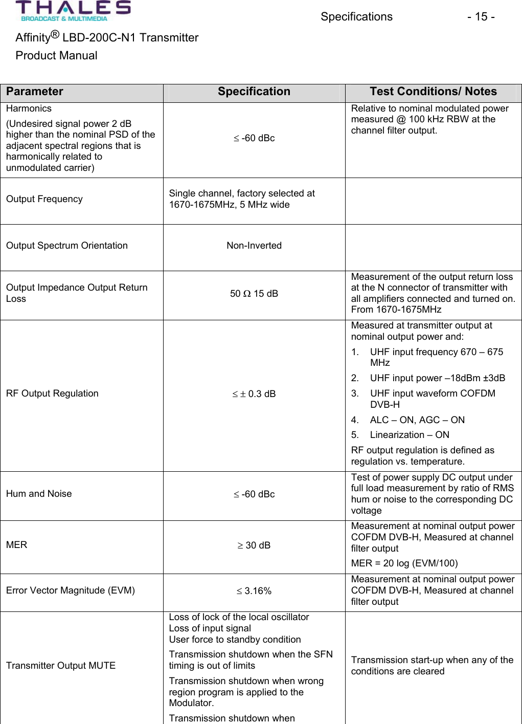 Specifications - 15 - &reg;Affinity  LBD-200C-N1 TransmitterProduct Manual Parameter Specification Test Conditions/ Notes Harmonics(Undesired signal power 2 dBhigher than the nominal PSD of the adjacent spectral regions that is harmonically related to unmodulated carrier)d -60 dBc Relative to nominal modulated powermeasured @ 100 kHz RBW at the channel filter output.Output Frequency Single channel, factory selected at 1670-1675MHz, 5 MHz wideOutput Spectrum Orientation  Non-InvertedOutput Impedance Output ReturnLoss 50 : 15 dB Measurement of the output return loss at the N connector of transmitter withall amplifiers connected and turned on. From 1670-1675MHzRF Output Regulation  dr 0.3 dB Measured at transmitter output at nominal output power and:1. UHF input frequency 670 &ndash; 675MHz2. UHF input power &ndash;18dBm &plusmn;3dB3. UHF input waveform COFDM DVB-H4. ALC &ndash; ON, AGC &ndash; ON 5. Linearization &ndash; ON RF output regulation is defined as regulation vs. temperature.Hum and Noise d -60 dBc Test of power supply DC output underfull load measurement by ratio of RMS hum or noise to the corresponding DC voltageMER t 30 dB Measurement at nominal output powerCOFDM DVB-H, Measured at channelfilter output MER = 20 log (EVM/100)Error Vector Magnitude (EVM)  d 3.16% Measurement at nominal output powerCOFDM DVB-H, Measured at channelfilter output Transmitter Output MUTELoss of lock of the local oscillatorLoss of input signalUser force to standby conditionTransmission shutdown when the SFNtiming is out of limits Transmission shutdown when wrongregion program is applied to theModulator.Transmission shutdown whenTransmission start-up when any of the conditions are cleared