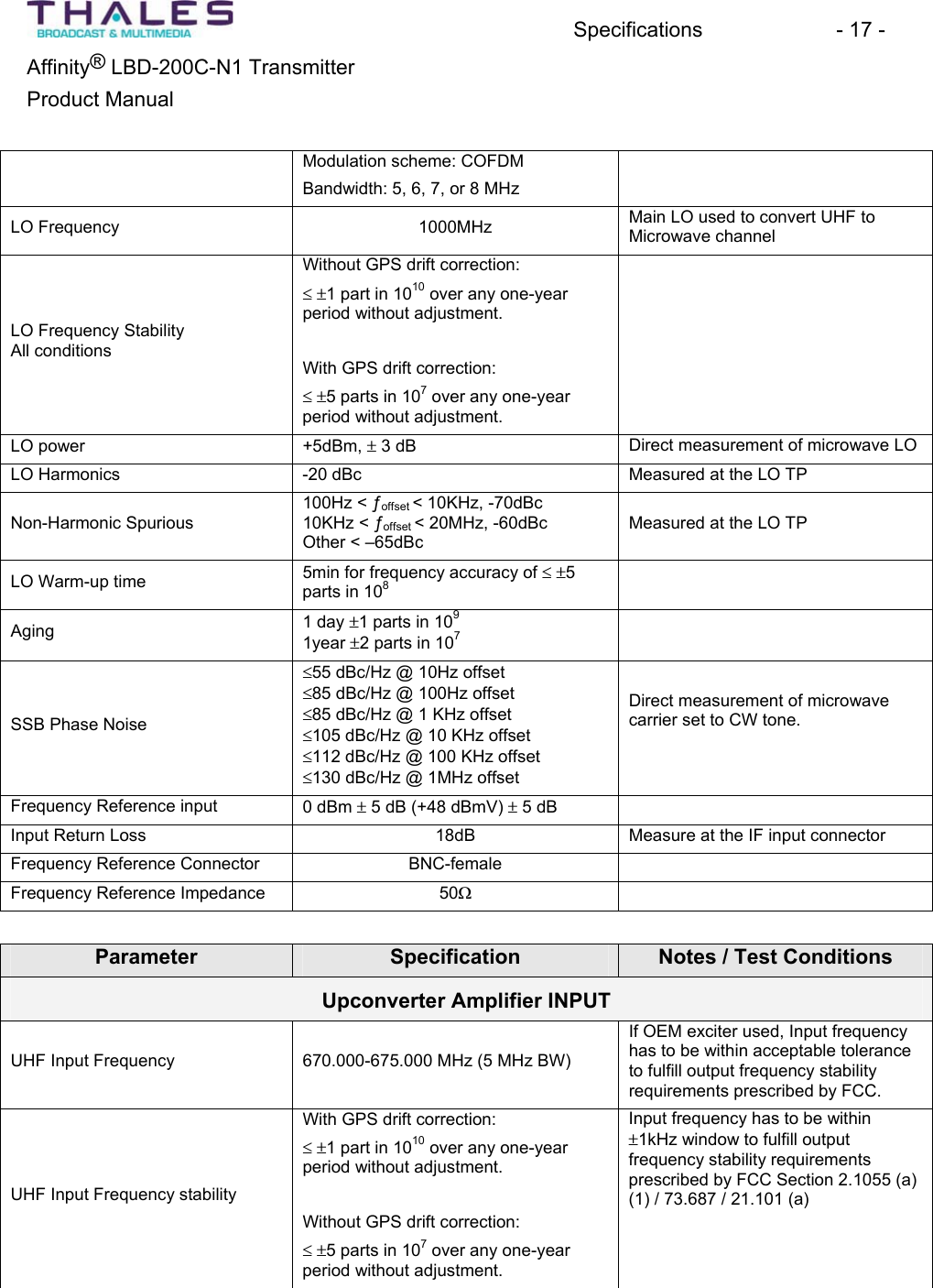 Specifications - 17 - &reg;Affinity  LBD-200C-N1 TransmitterProduct Manual Modulation scheme: COFDMBandwidth: 5, 6, 7, or 8 MHz LO Frequency 1000MHz Main LO used to convert UHF toMicrowave channelLO Frequency StabilityAll conditionsWithout GPS drift correction: dr1 part in 1010 over any one-yearperiod without adjustment.With GPS drift correction:dr5 parts in 107 over any one-yearperiod without adjustment.LO power +5dBm, r 3 dB  Direct measurement of microwave LOLO Harmonics -20 dBc  Measured at the LO TPNon-Harmonic Spurious100Hz < &fnof;offset < 10KHz, -70dBc10KHz < &fnof;offset < 20MHz, -60dBcOther < &ndash;65dBcMeasured at the LO TPLO Warm-up time  5min for frequency accuracy of dr5parts in 108Aging 1 day r1 parts in 1091year r2 parts in 107SSB Phase Noised55 dBc/Hz @ 10Hz offset d85 dBc/Hz @ 100Hz offset d85 dBc/Hz @ 1 KHz offset d105 dBc/Hz @ 10 KHz offset d112 dBc/Hz @ 100 KHz offsetd130 dBc/Hz @ 1MHz offset Direct measurement of microwavecarrier set to CW tone. Frequency Reference input 0 dBm r 5 dB (+48 dBmV) r 5 dBInput Return Loss 18dB Measure at the IF input connectorFrequency Reference Connector BNC-femaleFrequency Reference Impedance 50:Parameter Specification Notes / Test Conditions Upconverter Amplifier INPUTUHF Input Frequency 670.000-675.000 MHz (5 MHz BW)If OEM exciter used, Input frequencyhas to be within acceptable toleranceto fulfill output frequency stabilityrequirements prescribed by FCC.UHF Input Frequency stabilityWith GPS drift correction:dr1 part in 1010 over any one-yearperiod without adjustment.Without GPS drift correction: dr5 parts in 107 over any one-yearperiod without adjustment.Input frequency has to be withinr1kHz window to fulfill outputfrequency stability requirementsprescribed by FCC Section 2.1055 (a) (1) / 73.687 / 21.101 (a) 