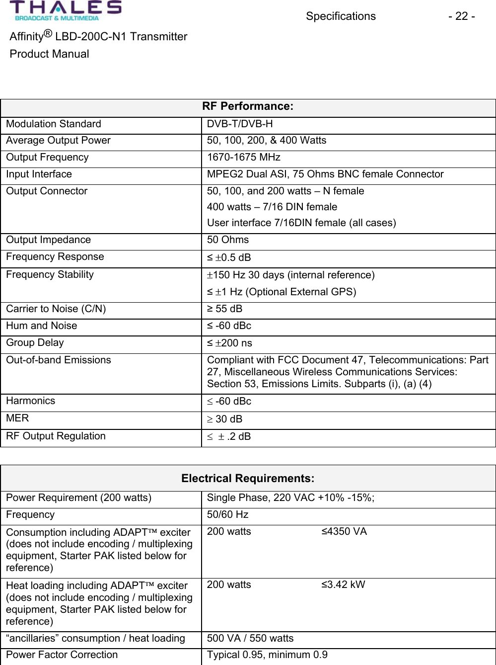 Specifications - 22 - &reg;Affinity  LBD-200C-N1 TransmitterProduct Manual RF Performance:Modulation Standard DVB-T/DVB-HAverage Output Power 50, 100, 200, &amp; 400 Watts Output Frequency 1670-1675 MHzInput Interface  MPEG2 Dual ASI, 75 Ohms BNC female ConnectorOutput Connector 50, 100, and 200 watts &ndash; N female 400 watts &ndash; 7/16 DIN femaleUser interface 7/16DIN female (all cases)Output Impedance 50 OhmsFrequency Response r0.5 dB Frequency Stability  r150 Hz 30 days (internal reference)r1 Hz (Optional External GPS)Carrier to Noise (C/N)   55 dB Hum and Noise  -60 dBcGroup Delay r200 ns Out-of-band Emissions Compliant with FCC Document 47, Telecommunications: Part 27, Miscellaneous Wireless Communications Services:Section 53, Emissions Limits. Subparts (i), (a) (4) Harmonics d -60 dBcMER t 30 dB RF Output Regulation dr .2 dB Electrical Requirements:Power Requirement (200 watts)  Single Phase, 220 VAC +10% -15%;Frequency 50/60 HzConsumption including ADAPT exciter(does not include encoding / multiplexing equipment, Starter PAK listed below for reference)200 watts  4350 VA Heat loading including ADAPT exciter(does not include encoding / multiplexing equipment, Starter PAK listed below for reference)200 watts  3.42 kW &ldquo;ancillaries&rdquo; consumption / heat loading 500 VA / 550 watts Power Factor Correction Typical 0.95, minimum 0.9