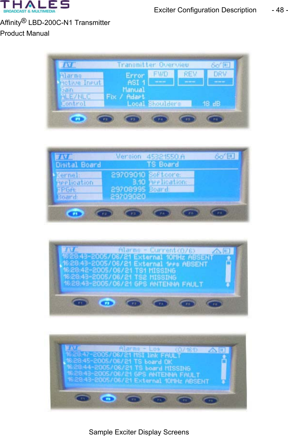 Exciter Configuration Description - 48 - &reg;Affinity  LBD-200C-N1 TransmitterProduct Manual Sample Exciter Display Screens