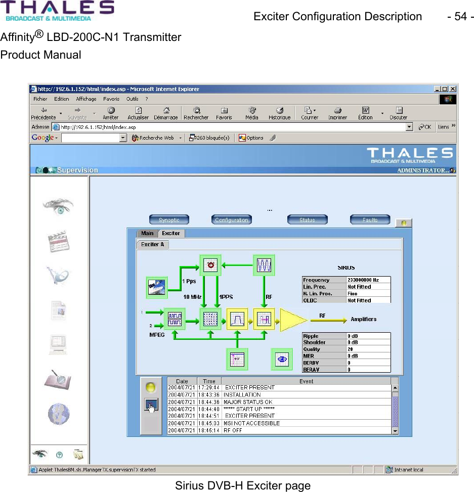 Exciter Configuration Description - 54 - &reg;Affinity  LBD-200C-N1 TransmitterProduct Manual Sirius DVB-H Exciter page 