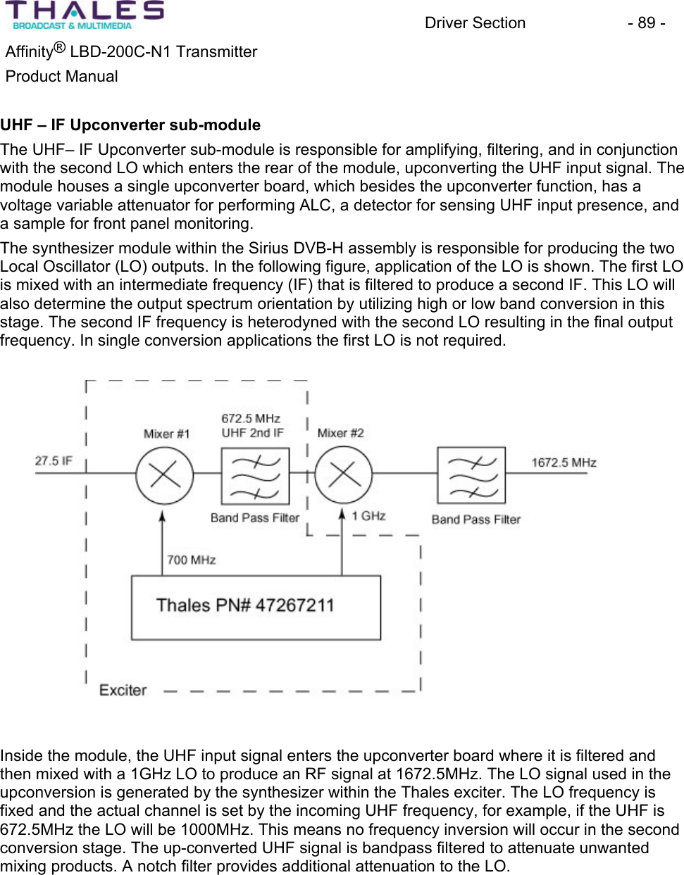 Driver Section - 89 - Affinity® LBD-200C-N1 TransmitterProduct Manual UHF – IF Upconverter sub-moduleThe UHF– IF Upconverter sub-module is responsible for amplifying, filtering, and in conjunctionwith the second LO which enters the rear of the module, upconverting the UHF input signal. The module houses a single upconverter board, which besides the upconverter function, has a voltage variable attenuator for performing ALC, a detector for sensing UHF input presence, and a sample for front panel monitoring.The synthesizer module within the Sirius DVB-H assembly is responsible for producing the two Local Oscillator (LO) outputs. In the following figure, application of the LO is shown. The first LO is mixed with an intermediate frequency (IF) that is filtered to produce a second IF. This LO will also determine the output spectrum orientation by utilizing high or low band conversion in this stage. The second IF frequency is heterodyned with the second LO resulting in the final output frequency. In single conversion applications the first LO is not required.Inside the module, the UHF input signal enters the upconverter board where it is filtered and then mixed with a 1GHz LO to produce an RF signal at 1672.5MHz. The LO signal used in the upconversion is generated by the synthesizer within the Thales exciter. The LO frequency is fixed and the actual channel is set by the incoming UHF frequency, for example, if the UHF is 672.5MHz the LO will be 1000MHz. This means no frequency inversion will occur in the second conversion stage. The up-converted UHF signal is bandpass filtered to attenuate unwanted mixing products. A notch filter provides additional attenuation to the LO.