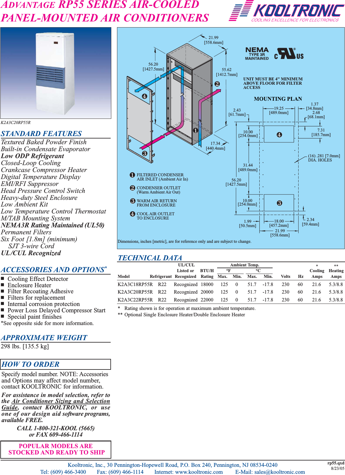 K2A3C18RP55R R22 Recognized 18000 125 0 51.7 -17.8 230 60 21.6 5.3/8.8K2A3C20RP55R R22 Recognized 20000 125 0 51.7 -17.8 230 60 21.6 5.3/8.8K2A3C22RP55R R22 Recognized 22000 125 0 51.7 -17.8 230 60 21.6 5.3/8.8UL/CUL Ambient Temp. ***Listed or BTU/H &deg;F &deg;C Cooling HeatingModel Refrigerant Recognized Rating Max. Min. Max. Min. Volts Hz Amps AmpsTECHNICAL DATA* Rating shown is for operation at maximum ambient temperature.** Optional Single Enclosure Heater/Double Enclosure HeaterADVANTAGE RP55 SERIES AIR-COOLEDPANEL-MOUNTED AIR CONDITIONERSACCESSORIES AND OPTIONS*QCooling Effect DetectorQEnclosure HeaterQFilter Recoating AdhesiveQFilters for replacementQInternal corrosion protectionQPower Loss Delayed Compressor StartQSpecial paint finishes*See opposite side for more information.POPULAR MODELS ARESTOCKED AND READY TO SHIPHOW TO ORDERSpecify model number. NOTE: Accessoriesand Options may affect model number,contact KOOLTRONIC for information.For assistance in model selection, refer tothe Air Conditioner Sizing and SelectionGuide, contact KOOLTRONIC, or useone of our design aid software programs,available FREE.CALL 1-800-321-KOOL (5665)or FAX 609-466-1114APPROXIMATE WEIGHT298 lbs. [135.5 kg]STANDARD FEATURESTextured Baked Powder FinishBuilt-in Condensate EvaporatorLow ODP RefrigerantClosed-Loop CoolingCrankcase Compressor HeaterDigital Temperature DisplayEMI/RFI SuppressorHead Pressure Control SwitchHeavy-duty Steel EnclosureLow Ambient KitLow Temperature Control ThermostatM/TAB Mounting SystemNEMA3R Rating Maintained (UL50)Permanent FiltersSix Foot [1.8m] (minimum) SJT 3-wire CordUL/CUL RecognizedKooltronic, Inc., 30 Pennington-Hopewell Road, P.O. Box 240, Pennington, NJ 08534-0240Tel: (609) 466-3400       Fax: (609) 466-1114       Internet: www.kooltronic.com        E-Mail: sales@kooltronic.comMOUNTING PLAN 55.62[1412.7mm]21.99[558.6mm]17.34[440.4mm]56.20[1427.5mm]FILTERED CONDENSERAIR INLET (Ambient Air In)CONDENSER OUTLET(Warm Ambient Air Out)WARM AIR RETURNFROM ENCLOSURECOOL AIR OUTLETTO ENCLOSURE❶❸❷❹❶❷❹❸❹❸Dimensions, inches [metric], are for reference only and are subject to change.19.25[489.0mm]2.43[61.7mm]10.00[254.0mm]31.44[489.0mm]2.34[59.4mm]10.00[254.0mm]1.99[50.5mm]18.00[457.2mm]7.31[185.7mm]2.68[68.1mm]1.37[34.8mm](16) .281 [7.0mm]DIA. HOLES21.99[558.6mm]56.20[1427.5mm]UNIT MUST BE 4" MINIMUMABOVE FLOOR FOR FILTERACCESSrp55.qxd8/23/05K2A3C20RP55R