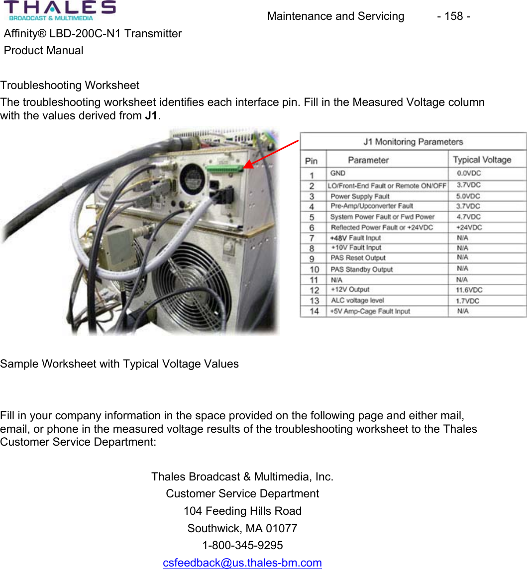 Maintenance and Servicing  - 158 - Affinity&reg; LBD-200C-N1 TransmitterProduct ManualTroubleshooting WorksheetThe troubleshooting worksheet identifies each interface pin. Fill in the Measured Voltage columnwith the values derived from J1.Sample Worksheet with Typical Voltage Values Fill in your company information in the space provided on the following page and either mail,email, or phone in the measured voltage results of the troubleshooting worksheet to the Thales Customer Service Department:Thales Broadcast &amp; Multimedia, Inc. Customer Service Department104 Feeding Hills Road Southwick, MA 010771-800-345-9295csfeedback@us.thales-bm.com