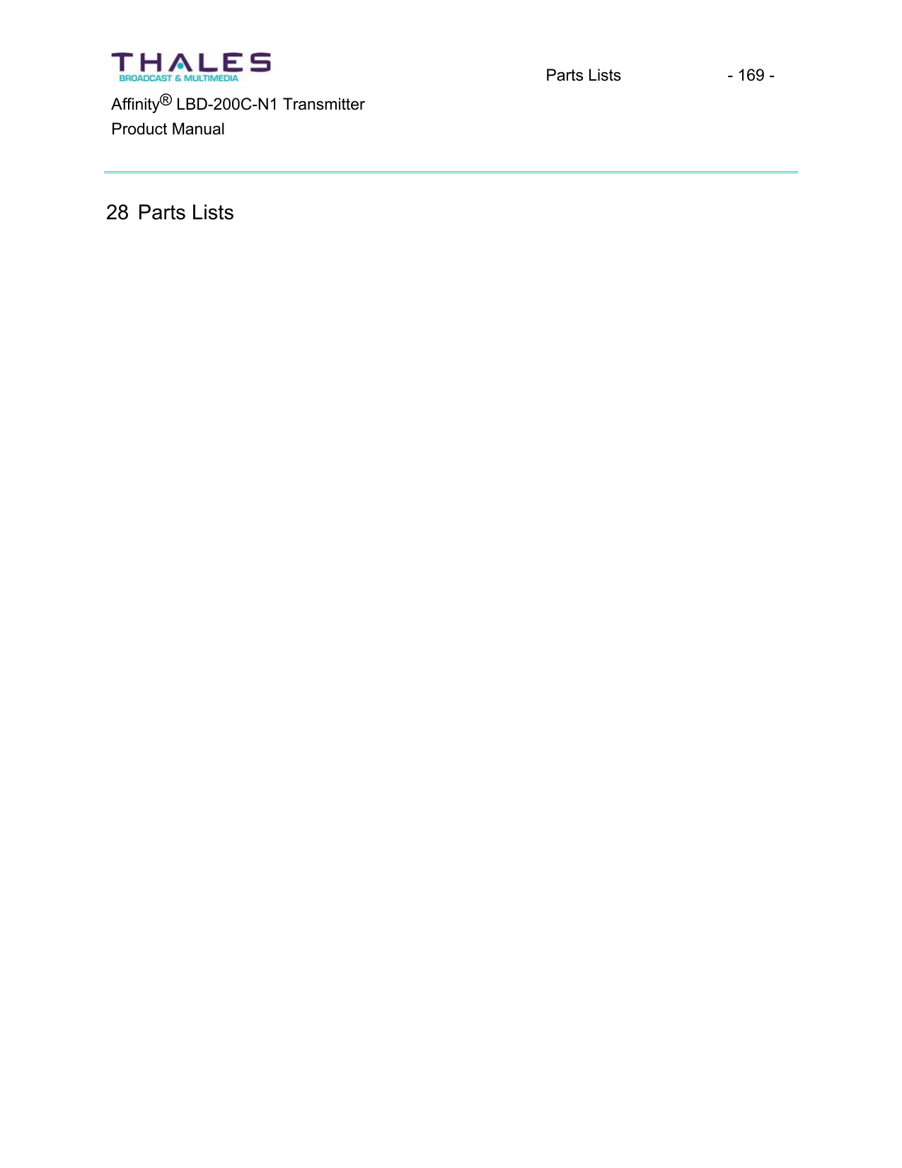 Parts Lists  - 169 - &reg;Affinity  LBD-200C-N1 TransmitterProduct Manual28 Parts Lists