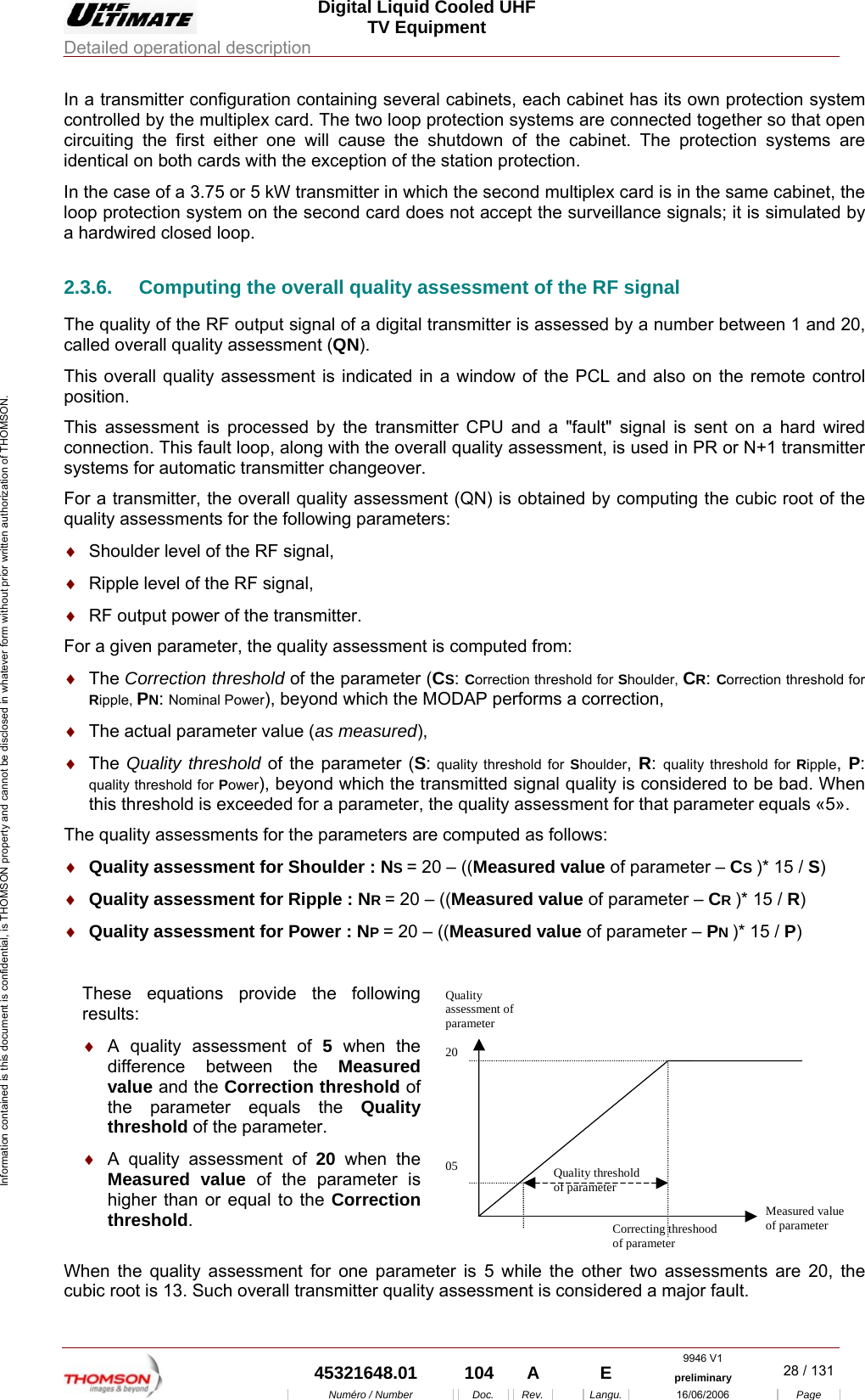  Digital Liquid Cooled UHF TV Equipment Detailed operational description  9946 V1  45321648.01  104  A    E  preliminary  28 / 131Num&eacute;ro / Number Doc. Rev. Langu. 16/06/2006 Page Information contained is this document is confidential, is THOMSON property and cannot be disclosed in whatever form without prior written authorization of THOMSON. In a transmitter configuration containing several cabinets, each cabinet has its own protection system controlled by the multiplex card. The two loop protection systems are connected together so that open circuiting the first either one will cause the shutdown of the cabinet. The protection systems are identical on both cards with the exception of the station protection. In the case of a 3.75 or 5 kW transmitter in which the second multiplex card is in the same cabinet, the loop protection system on the second card does not accept the surveillance signals; it is simulated by a hardwired closed loop. 2.3.6.  Computing the overall quality assessment of the RF signal The quality of the RF output signal of a digital transmitter is assessed by a number between 1 and 20, called overall quality assessment (QN). This overall quality assessment is indicated in a window of the PCL and also on the remote control position. This assessment is processed by the transmitter CPU and a "fault" signal is sent on a hard wired connection. This fault loop, along with the overall quality assessment, is used in PR or N+1 transmitter systems for automatic transmitter changeover. For a transmitter, the overall quality assessment (QN) is obtained by computing the cubic root of the quality assessments for the following parameters: &diams;  Shoulder level of the RF signal, &diams;  Ripple level of the RF signal, &diams;  RF output power of the transmitter. For a given parameter, the quality assessment is computed from: &diams;  The Correction threshold of the parameter (CS: Correction threshold for Shoulder, CR: Correction threshold for Ripple, PN: Nominal Power), beyond which the MODAP performs a correction, &diams;  The actual parameter value (as measured), &diams;  The  Quality threshold of the parameter (S: quality threshold for Shoulder,  R:  quality threshold for Ripple,  P: quality threshold for Power), beyond which the transmitted signal quality is considered to be bad. When this threshold is exceeded for a parameter, the quality assessment for that parameter equals &laquo;5&raquo;. The quality assessments for the parameters are computed as follows: &diams;  Quality assessment for Shoulder : NS = 20 &ndash; ((Measured value of parameter &ndash; CS )* 15 / S) &diams;  Quality assessment for Ripple : NR = 20 &ndash; ((Measured value of parameter &ndash; CR )* 15 / R) &diams;  Quality assessment for Power : NP = 20 &ndash; ((Measured value of parameter &ndash; PN )* 15 / P)  These equations provide the following results: &diams;  A quality assessment of 5 when the difference between the Measured value and the Correction threshold of the parameter equals the Quality threshold of the parameter. &diams;  A quality assessment of 20 when the Measured value of the parameter is higher than or equal to the Correction threshold.  Measured valueof parameterCorrecting threshoodof parameterQuality thresholdof parameterQualityassessment ofparameter2005When the quality assessment for one parameter is 5 while the other two assessments are 20, the cubic root is 13. Such overall transmitter quality assessment is considered a major fault. 