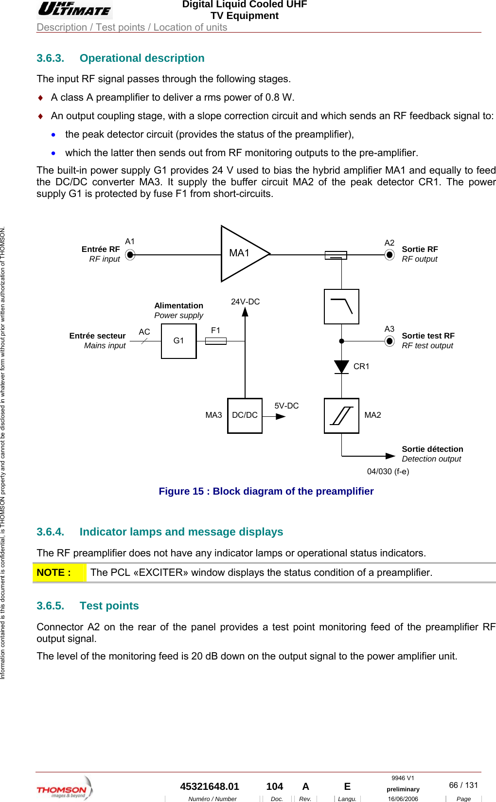  Digital Liquid Cooled UHF TV Equipment Description / Test points / Location of units  9946 V1  45321648.01  104  A    E  preliminary  66 / 131Num&eacute;ro / Number Doc. Rev. Langu. 16/06/2006 Page Information contained is this document is confidential, is THOMSON property and cannot be disclosed in whatever form without prior written authorization of THOMSON. 3.6.3. Operational description The input RF signal passes through the following stages. &diams;  A class A preamplifier to deliver a rms power of 0.8 W. &diams;  An output coupling stage, with a slope correction circuit and which sends an RF feedback signal to: &bull;  the peak detector circuit (provides the status of the preamplifier), &bull;  which the latter then sends out from RF monitoring outputs to the pre-amplifier. The built-in power supply G1 provides 24 V used to bias the hybrid amplifier MA1 and equally to feed the DC/DC converter MA3. It supply the buffer circuit MA2 of the peak detector CR1. The power supply G1 is protected by fuse F1 from short-circuits.  A1Entr&eacute;e RFRF input Sortie RFRF outputA2Sortie test RFRF test outputA3CR1Sortie d&eacute;tectionDetection outputMA2G1DC/DCMA35V-DCF124V-DCEntr&eacute;e secteurMains inputAlimentationPower supply04/030 (f-e)ACMA1 Figure 15 : Block diagram of the preamplifier 3.6.4.  Indicator lamps and message displays The RF preamplifier does not have any indicator lamps or operational status indicators. NOTE :  The PCL &laquo;EXCITER&raquo; window displays the status condition of a preamplifier. 3.6.5. Test points Connector A2 on the rear of the panel provides a test point monitoring feed of the preamplifier RF output signal. The level of the monitoring feed is 20 dB down on the output signal to the power amplifier unit. 