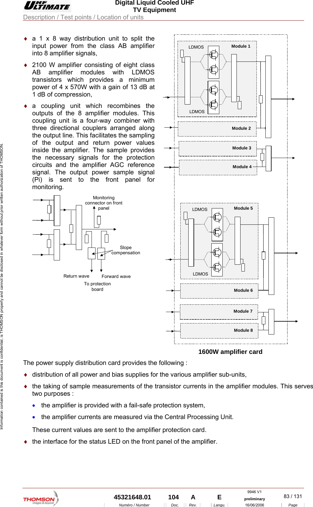  Digital Liquid Cooled UHF TV Equipment Description / Test points / Location of units  9946 V1  45321648.01  104  A    E  preliminary  83 / 131Num&eacute;ro / Number Doc. Rev. Langu. 16/06/2006 Page Information contained is this document is confidential, is THOMSON property and cannot be disclosed in whatever form without prior written authorization of THOMSON. &diams;  a 1 x 8 way distribution unit to split the input power from the class AB amplifier into 8 amplifier signals, &diams;  2100 W amplifier consisting of eight class AB amplifier modules with LDMOS transistors which provides a minimum power of 4 x 570W with a gain of 13 dB at 1 dB of compression, &diams;  a coupling unit which recombines the outputs of the 8 amplifier modules. This coupling unit is a four-way combiner with three directional couplers arranged along the output line. This facilitates the sampling of the output and return power values inside the amplifier. The sample provides the necessary signals for the protection circuits and the amplifier AGC reference signal. The output power sample signal (Pi) is sent to the front panel for monitoring. Monitoringconnector on frontpanelReturn wave Forward waveTo protectionboardSlopecompensation LDMOSLDMOS Module 5Module 7Module 8Module 6Module 3Module 4LDMOSLDMOS Module 1Module 2 1600W amplifier card The power supply distribution card provides the following : &diams;  distribution of all power and bias supplies for the various amplifier sub-units, &diams;  the taking of sample measurements of the transistor currents in the amplifier modules. This serves two purposes : &bull;  the amplifier is provided with a fail-safe protection system, &bull;  the amplifier currents are measured via the Central Processing Unit. These current values are sent to the amplifier protection card. &diams;  the interface for the status LED on the front panel of the amplifier.  