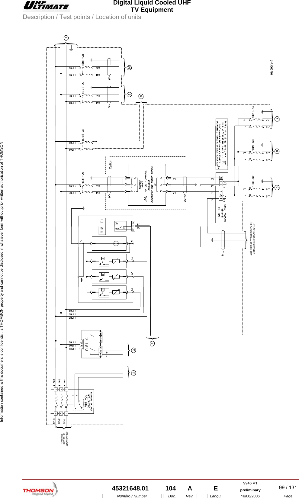  Digital Liquid Cooled UHF TV Equipment Description / Test points / Location of units  9946 V1  45321648.01  104  A    E  preliminary  99 / 131Num&eacute;ro / Number Doc. Rev. Langu. 16/06/2006 Page Information contained is this document is confidential, is THOMSON property and cannot be disclosed in whatever form without prior written authorization of THOMSON. ARRIVEE SECTEUR SECOURUEMERGENCY MAINS INPUT32457689101Option06/093(e-f)ARRIVEESECTEURMAINS INPUT 