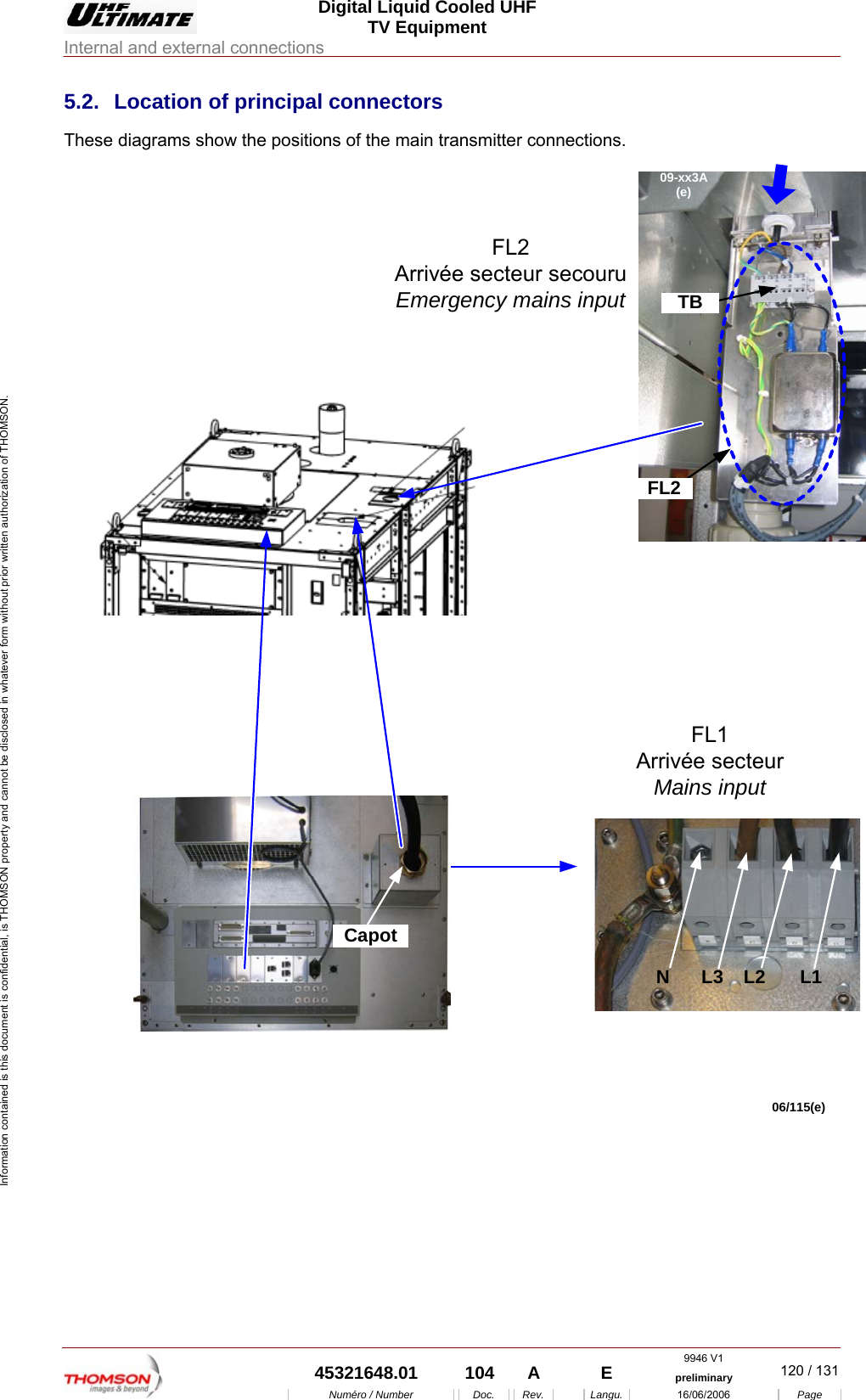  Digital Liquid Cooled UHF TV Equipment Internal and external connections  9946 V1  45321648.01  104  A    E  preliminary  120 / 131Num&eacute;ro / Number Doc. Rev. Langu. 16/06/2006 Page Information contained is this document is confidential, is THOMSON property and cannot be disclosed in whatever form without prior written authorization of THOMSON. 5.2.  Location of principal connectors These diagrams show the positions of the main transmitter connections. FL2TB09-xx3A(e)09-xx2A (e)06/115(e)L1L2L3NFL2Arriv&eacute;e secteur secouruEmergency mains inputFL1Arriv&eacute;e secteurMains inputCapot  