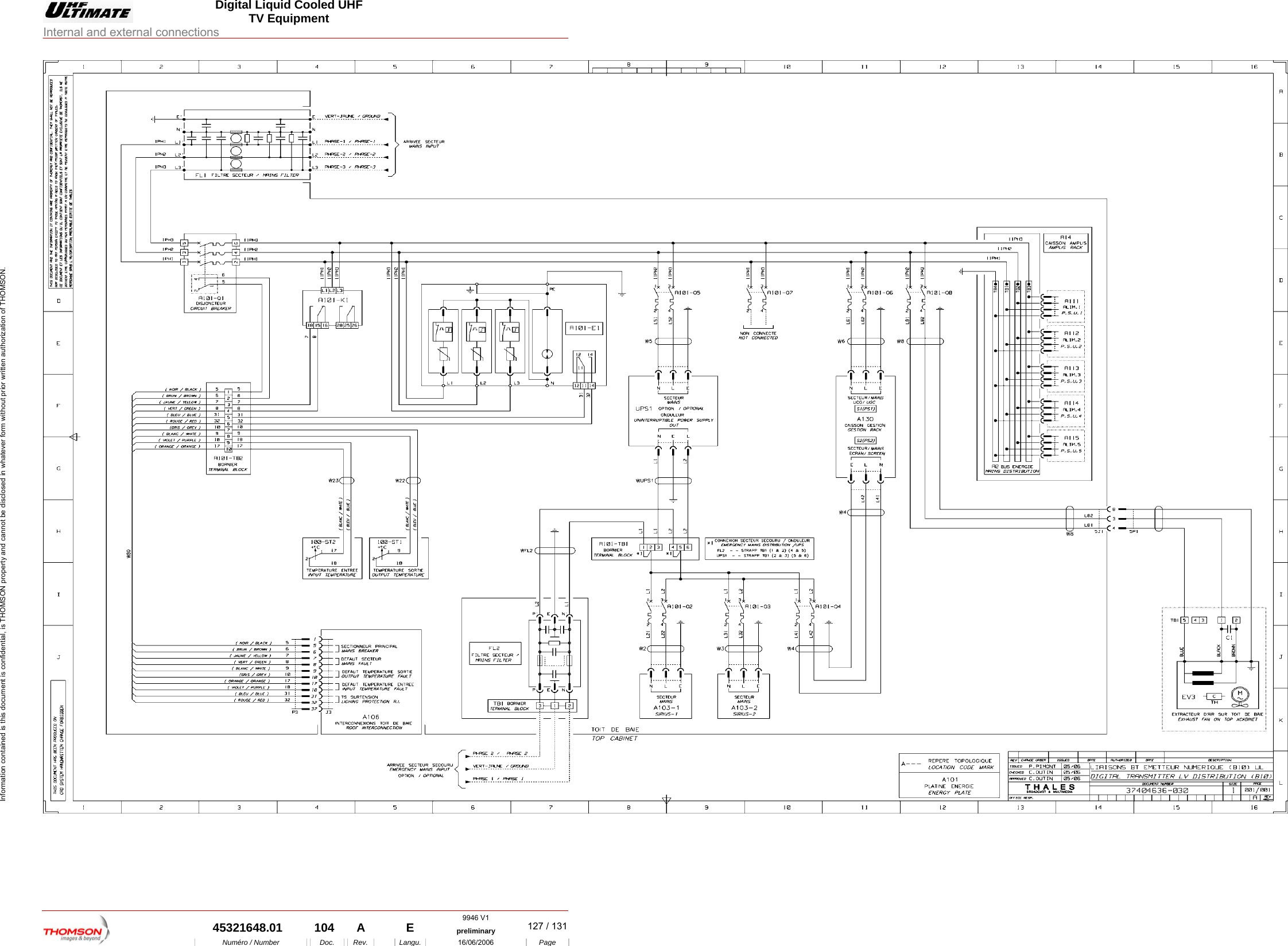  Digital Liquid Cooled UHF TV Equipment Internal and external connections  9946 V1  45321648.01  104  A    E  preliminary  127 / 131Num&eacute;ro / Number    Doc.    Rev.   Langu.  16/06/2006 Page Information contained is this document is confidential, is THOMSON property and cannot be disclosed in whatever form without prior written authorization of THOMSON.       