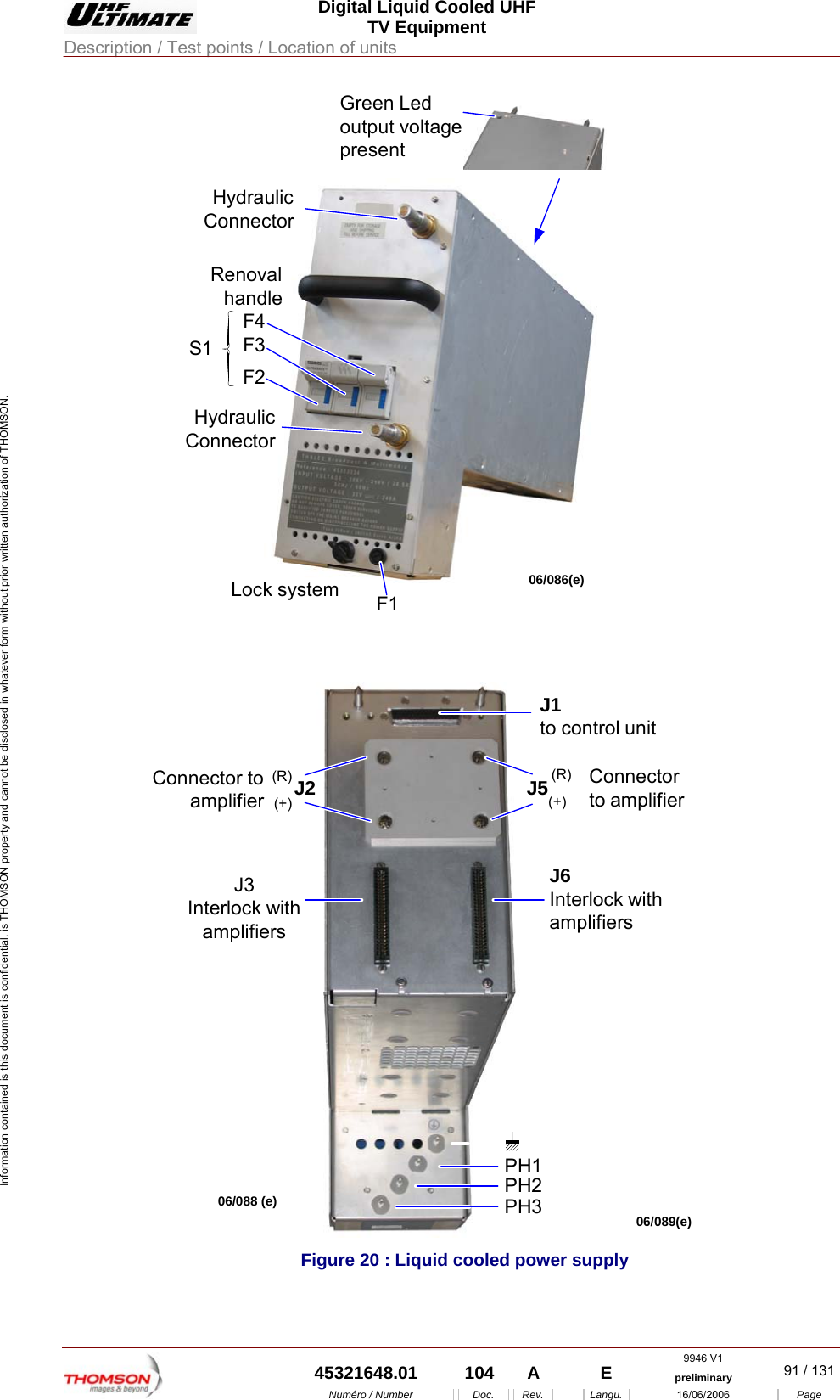  Digital Liquid Cooled UHF TV Equipment Description / Test points / Location of units  9946 V1  45321648.01  104  A    E  preliminary  91 / 131Num&eacute;ro / Number Doc. Rev. Langu. 16/06/2006 Page Information contained is this document is confidential, is THOMSON property and cannot be disclosed in whatever form without prior written authorization of THOMSON. Connectorto amplifier06/089(e)Connector toamplifierJ1to control unitJ6Interlock withamplifiers06/088 (e)J3Interlock withamplifiersGreen Ledoutput voltagepresentF2F3F4F1J2(R)(+) J5 (R)(+)PH1PH2PH3S106/086(e)HydraulicConnectorRenovalhandleHydraulicConnectorLock system Figure 20 : Liquid cooled power supply 
