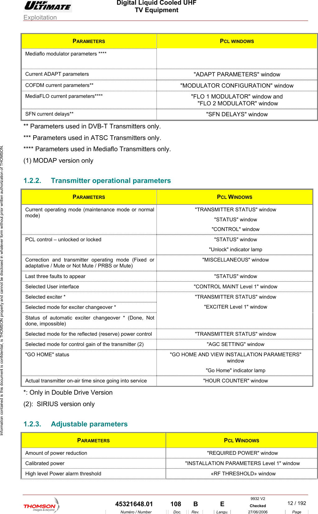  Digital Liquid Cooled UHF TV Equipment Exploitation  Information contained is this document is confidential, is THOMSON property and cannot be disclosed in whatever form without prior written authorization of THOMSON. PARAMETERS  PCL WINDOWS Mediaflo modulator parameters ****    Current ADAPT parameters  "ADAPT PARAMETERS" window COFDM current parameters**  "MODULATOR CONFIGURATION" window MediaFLO current parameters****  "FLO 1 MODULATOR" window and  "FLO   2 MODULATOR" windowSFN current delays**  "SFN DELAYS" window ** Parameters used in DVB-T Transmitters only. . ransmitters only. s *** Parameters used in ATSC Transmitters only**** Parameters used in Mediaflo T(1) MODAP version only 1.2.2.  Transmitter operational parameterPARAMETERS  PCL WINDOWS Current operating mode (maintenance mode or normal  "TRANSMITTER STATUS" window "CONTROL" window mode) "STATUS" window PCL control &ndash; unlocked or locked "Unlock" indicator lamp "STATUS" window Correction and transmitter operating mode (Fixed or RBS or Mute) "MISCELLANEOUS" window adaptative / Mute or Not Mute / PLast three faults to appear "STATUS" window Selected User interface  "CONTROL MAINT Level 1" window Selected exciter * Selected mode for exciter changeover * Status of automatic exciter changeover * (Done, Not done, impossible) "TRANSMITTER STATUS" window "EXCITER Level 1" window Selected mode for the reflected (reserve) power control  "TRANSMI  TTER STATUS" windowSelected mode f r control gain of the transmitter (2)  "AGC SEo TTING" window "G tatus "GO HOME AND VIEW INSTALL TERS" "Go Home" indicator lamp O HOME" s ATION PARAMEwindow Actual transmitter on-air time since going into service "HOUR COUNTER" window *: Only in Double Drive Version (2):  SIRIUS version only 1.2.3. Adjustable parameters PARAMETERS  PCL WINDOWS Amount of power reduction "REQUIRED POWER" window Calibrated power  "INSTALLATION  indow PARAMETERS Level 1" wHigh level Power alarm threshold  &laquo;RF THRESHOLD&raquo; window 9932 V2  45321648.01  108  B    E  Checked  12 / 192Num&eacute;ro / Number Doc. Rev. Langu. 27/06/2006 Page 