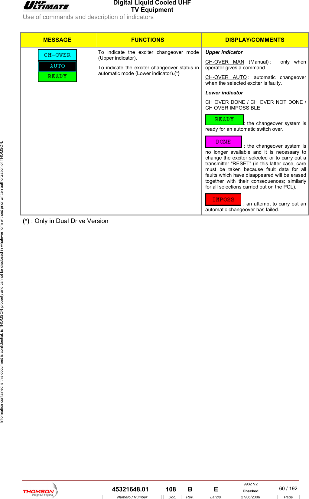  Digital Liquid Cooled UHF TV Equipment Use of commands and description of indicators  Information contained is this document is confidential, is THOMSON property and cannot be disclosed in whatever form without prior written authorization of THOMSON. MESSAGE FUNCTIONS DISPLAY/COMMENTS To indicate the exciter changeover mode atic mode (Lower indicator).(*) Upper indicator (Upper indicator). To indicate the exciter changeover status in automCH-OVER MAN (Manual) :  only when operator gives a command. CH-OVER AUTO : automatic changeover ulty. Lower indicator CH  ER NOT DONE / CH OVER IMPOSSIBLE     when the selected exciter is faOVER DONE / CH OV: the changeover system is ready for an automatic switch over.  : the changeover system is no longer available and it is necessary to change the exciter selected or to carry out a transmitter "RESET" (in this latter case, care must be taken because fault data for all faults which have disappeared will be erased together with their consequences; similarly for all selections carried out on the PCL).  : an attempt to carry out an automatic changeover has failed. (*) : Only in Dual Drive Version    9932 V2  45321648.01  108  B    E  Checked  60 / 192Num&eacute;ro / Number Doc. Rev. Langu. 27/06/2006 Page 