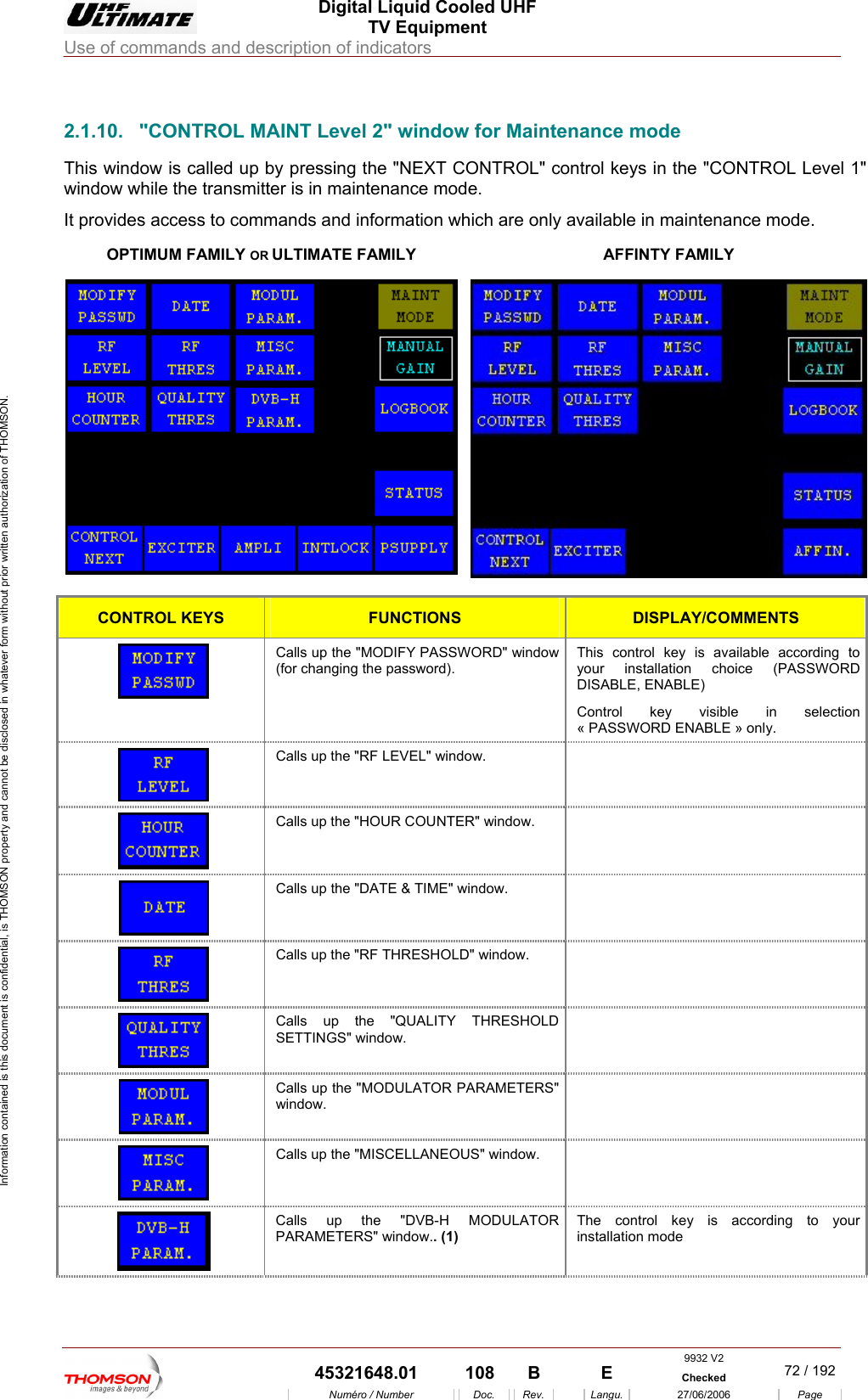  Digital Liquid Cooled UHF TV Equipment Use of commands and description of indicators  Information contained is this document is confidential, is THOMSON property and cannot be disclosed in whatever form without prior written authorization of THOMSON.                        2.1.10.  "CONTROL MAINT Level 2" window for Maintenance mode This window is called up b " control keys in the "CONTROL Level 1" window while the transmitter is in maiIt provides access to commands and information which are only available in maintenance mode. OPTIMUM FAMILY OR ULTIMATE FAMILY y pressing the "NEXT CONTROLntenance mode. AFFINTY FAMILY  CONTROL KEYS FUNCTIONS DISPLAY/COMMENTS Calls up the "MODIFY PASSWORD" window  ccording to  (PASSWORD ontrol key visible in selection &laquo; PASSWORD ENABLE &raquo; only. (for changing the password). This control key is available ayour installation choiceDISABLE, ENABLE) C  Calls up the "RF LEVEL" window.    Calls up the "HOUR COUNTER" window.    Calls up the "DATE &amp; TIME" window.    Calls up the "RF THRESHOLD" window.    Calls up the "QUALITY THRESHOLD SETTINGS" window.   Calls up the "MODULATOR PARAMETERS" window.   Calls up the "MISCELLANEOUS" window.    Calls up the "DVB-H MODULATOR PARAMETERS" window.. (1) The control key is according to your installation mode 9932 V2  45321648.01  108  B    E  Checked  72 / 192Num&eacute;ro / Number Doc. Rev. Langu. 27/06/2006 Page 