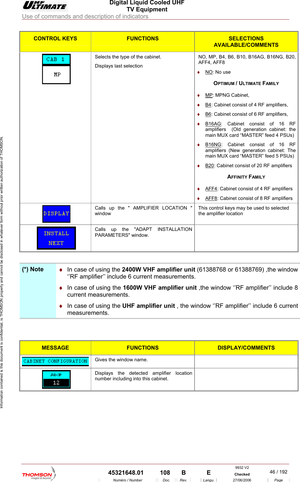  Digital Liquid Cooled UHF TV Equipment Use of commands and description of indicators  Information contained is this document is confidential, is THOMSON property and cannot be disclosed in whatever form without prior written authorization of THOMSON. CONTROL KEYS FUNCTIONS SELECTIONS AVAILABLE/COMMENTS Selects the type of the cabinet.  NO, MP, B4, B6, B10, B16AG, B16NG, B20, AFF4, AFF8   &diams; Displays last selection NO: No use OPTIMUM / ULTIMATE FAMILY &diams;  MP: MPNG Cabinet, &diams;  B4: Cabinet consist of 4 RF amplifiers, &diams;  B6: Cabinet consist of 6 RF amplifiers, &diams;  B16AG: Cabinet consist of 16 RF amplifiers  (Old generation cabinet: the mai SUs) &diams;  B16NGn MUX card &ldquo;MASTER&rdquo; feed 4 P: Cabinet consist of 16 RF amplifiers (New generation cabinet: The main MUX card &ldquo;MASTER&rdquo; feed 5 PSUs) &diams;  B20: Cabinet consist of 20 RF amplifiers AFFINITY FAMILY &diams;  AFF4: Cabinet consist of 4 RF amplifiers &diams;  AFF8: Cabinet consist of 8 RF amplifiers Calls up the " AMPLIFIER LOCATION " window  ys may be used to selected This control kethe amplifier location  Calls up the "ADAPT INSTALLATION PARAMETERS" window.    (*) Note  &diams;  In case of  unit (61388768 or 61388769) ,the window &lsquo;&rsquo;RF amplifier&rsquo;&rsquo; include 6 current measurements. In case of he window &lsquo;&rsquo;RF amplifier&rsquo;&rsquo; include 8 current measuremwindow &lsquo;&rsquo;RF amplifier&rsquo;&rsquo; include 6 current measurements.  using the 2400W VHF amplifier&diams;   using the 1600W VHF amplifier unitents.  ,t&diams;  In case of using the UHF amplifier unit , the   MESS GE AFUNCTIONS DISPLAY/COMMENTS  Gives the window name.    Displays the detectenumber including into this cabinet. d amplifier location       9932 V2  45321648.01  108  B    E  Checked  46 / 192Num&eacute;ro / Number Doc. Rev. Langu. 27/06/2006 Page 