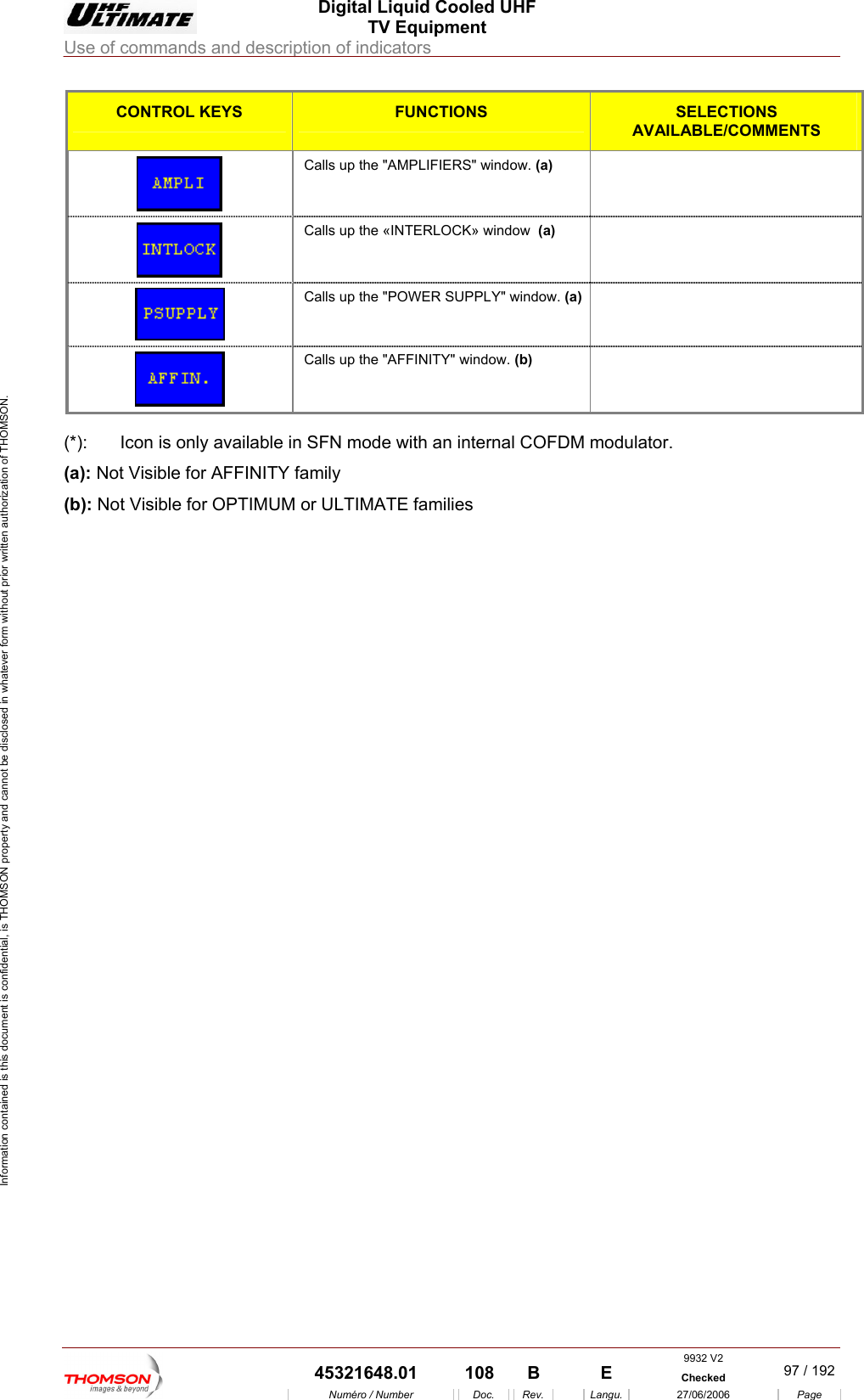  Digital Liquid Cooled UHF TV Equipment Use of commands and description of indicators  Information contained is this document is confidential, is THOMSON property and cannot be disclosed in whatever form without prior written authorization of THOMSON. CONTROL KEYS FUNCTIONS SELECTIONS AVAILABLE/COMMENTS Calls up the "AMPLIFIERS" window. (a)   Calls up the &laquo;INTERLOCK&raquo; window  (a)    Calls up the "POWER SUPPLY" window. (a)   Calls up the "AFFINITY" window. (b)   (*):   Icon is only available in SFN mode with an internal COFDM modulator. (a): Not Visible for AFFINITY family (b): Not Visible for OPTIMUM or ULTIMATE families    9932 V2  45321648.01  108  B    E  Checked  97 / 192Num&eacute;ro / Number Doc. Rev. Langu. 27/06/2006 Page 