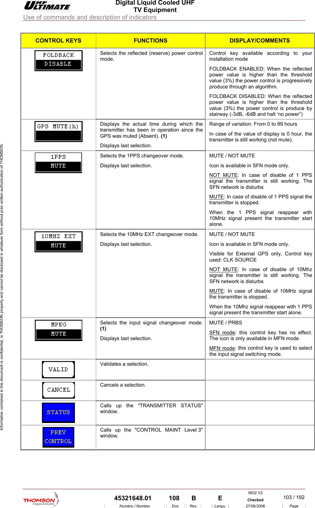  Digital Liquid Cooled UHF TV Equipment Use of commands and description of indicators  Information contained is this document is confidential, is THOMSON property and cannot be disclosed in whatever form without prior written authorization of THOMSON. CONTROL KEYS FUNCTIONS DISPLAY/COMMENTS Selects the reflected (reserve) power control mode. Control key available according to your installation mode FOLDBACK ENABLED: When the reflected ower value is higher than the threshold lue (3%) the power control is progressively roduce through an algorithm.  FOLDBACK DISABLED: When the reflected power value is higher than the threshold ) the power control is produce by airway (-3dB, -6dB and halt &lsquo;no power&rdquo;) pvapvalue (3%st Displays the actual time during which the transmitter has been in operation since the GPS was muted (Absent). (1) ange of variation: From 0 to 99 hours In case of the value of display is 0 hour, the transmitter is still working (not mute). Displays last selection. R Selects the 1PPS changeover mode. Displays last selection. OT MUTE Icon is available in SFN mode only. NOT MUTEMUTE / N : In case of disable of 1 PPS gnal the transmitter is still working. The work is disturbs siSFN netMUTE: In case of disable of 1 PPS signal the transmitter is stopped. When the 1 PPS signal reappear with 10MHz signal present the transmitter start alone. Selects the 10MHz EXT changeover mode. Displays last selection. MUTE / NOT MUTE Icon is available in SFN mode only. Visible for External GPS only, Control key sed: CLK SOURCE NOT MUTEu : In case of disable of 10Mhz itter is still working. The sturbs signal the transmSFN network is diMUTE: In case of disthe transmitter is stoppedable of 10MHz signal . PPS When the 10Mhz signal reappear with 1 signal present the transmitter start alone. S(1)elects the input signal changeover mode.  PRBS Displays last selection. MUTE / SFN mode: this control key has no effect. The icon is only available in MFN mode  MFN mode: this control key is used to select the input signal switching m ode. Validates a selection.    Cancels a selection.    Calls up the "TRANSMITTER STATUS" window.   Calls up the "CONTROL MAINT Level 3"  window.  9932 V2  45321648.01  108  B    E  Checked  103 / 192Num&eacute;ro / Number Doc. Rev. Langu. 27/06/2006 Page 