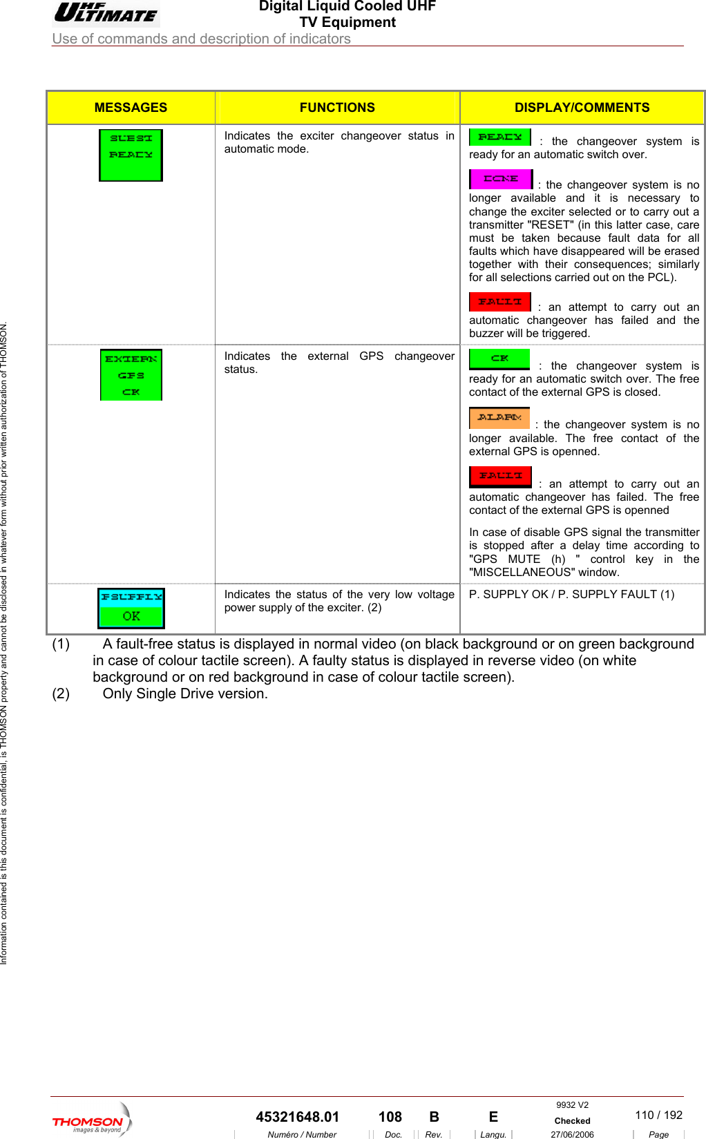  Digital Liquid Cooled UHF TV Equipment Use of commands and description of indicators  Information contained is this document is confidential, is THOMSON property and cannot be disclosed in whatever form without prior written authorization of THOMSON.  MESSAGES FUNCTIONS DISPLAY/COMMENTS  Indicates the exciter changeover status in automatic mode.   : the changeover system is ready for an automatic switch over.  : the changeover system is no longer available and it is necessary to  eir consequences; similarly for all selections carried out on the PCL). change the exciter selected or to carry out atransmitter "RESET" (in this latter case, care must be taken because fault data for all faults which have disappeared will be erased together with th : an attempt to carry out an automatic changeover has failed and the buzzer will be triggered. Indicates the external GPS changeover status.   : the changeover system is ready for an automatic switch over. The free contact o . f the external GPS is closed  : the changeover system is no longer available. The free contact of the external GPS is openned.  : an attempt to carry out an automatic changeover has failed. The free contact of the external GPS is openned  In case of disable GPS signal the transmitter is stopped after a delay time according to  "GPS MUTE (h) " control key in the "MISCELLANEOUS" window.  Indicates the status of the very low voltage power supply of the exciter. (2) P. SUPPLY OK / P. SUPPLY FAULT (1)  (1)  A fault-free status  ackgrounin case of colour tac en). A faulty status is displayedbackground or on red background in case of colour tactile s(2)  Only Single Drive version.    is displayed in normal video (on black btile scred or on green background  in reverse video (on white creen). 9932 V2  45321648.01  108  B    E  Checked  110 / 192Num&eacute;ro / Number Doc. Rev. Langu. 27/06/2006 Page 