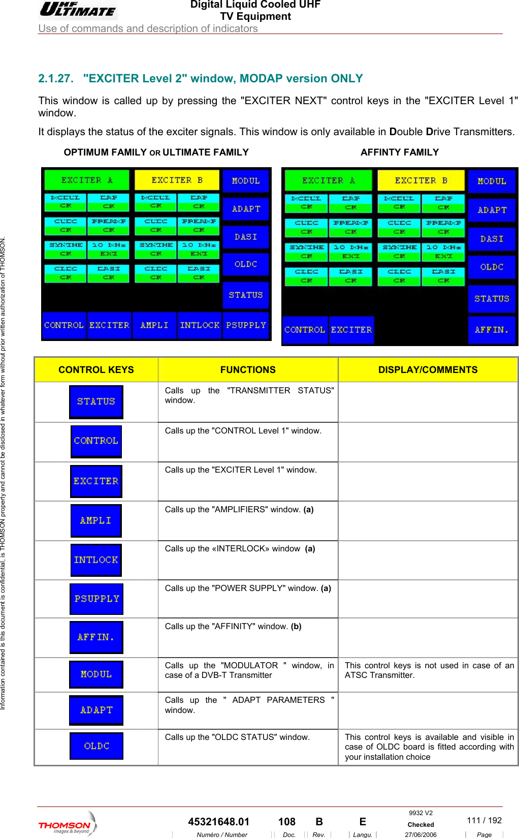  Digital Liquid Cooled UHF TV Equipment Use of commands and description of indicators  Information contained is this document is confidential, is THOMSON property and cannot be disclosed in whatever form without prior written authorization of THOMSON.                        2.1.27.  "EXCITER Level 2" window, MODAP version ONLY This window is called up by pressing the "EXCITER NEXT" control keys in the "EXCITER Level 1" window. It displays the status of the exciter signals. This window is only available in Double Drive Transmitters. OPTIMUM FAMILY OR ULTIMATE FAMILY  AFFINTY FAMILY  CONTROL KEYS FUNCTIONS DISPLAY/COMMENTS Calls up the "TRANSMITTER STATUS" window.    Calls up the "CONTROL Level 1" window.    Calls up the "EXCITER Level 1" window.   Calls up the "AMPLIFIERS" window. (a )   Calls up the &laquo;INTERLOCK&raquo; window  (a)   Calls up the "POWER SUPPLY" window. (a)  Calls up the "AFFINITY" window. (b )  Calls up the "MODULATOR " window, in case of a DVB-T Transmitter This control keys is not used in case of an ATSC Transmitter.   Calls up the " ADAPT PARAMETERS " window.   Calls up the "OLDC STATUS" window.  This  control keys is available and visible in case of OLDC board is fitted according with your installation choice 9932 V2  45321648.01  108  B    E  Checked  111 / 192Num&eacute;ro / Number Doc. Rev. Langu. 27/06/2006 Page 