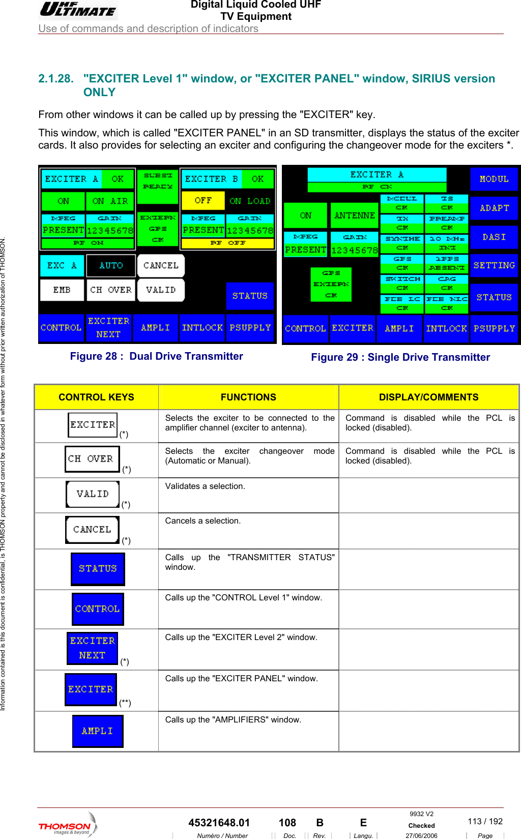  Digital Liquid Cooled UHF TV Equipment Use of commands and description of indicators  Information contained is this document is confidential, is THOMSON property and cannot be disclosed in whatever form without prior written authorization of THOMSON.                        2.1.28.  "EXCITER Level 1" window, or "EXCITER PANEL" window, SIRIUS version ONLY From other windows it can be called up by pressing the "EXCITEThis window, which is called "EXCITER PANEL" in an SD transm e exciter cards. It also provides for selecting an exciter and configuring the r the exciters *.  R" key. itter, displays the status of th changeover mode foFigure 28 :  Dual Drive Transmitter  Figure 29 : Single Drive Transmitter  CONTROL KEYS FUNCTIONS DISPLAY/COMMENTS  (*) Selects the exciter to be connected to the amplifier channel (exciter to antenna). Command is disabled while the PCL is locked (disabled).  (*) Selects the exciter changeover mode (Automatic or Manual). Command is disabled while the PCL is locked (disabled).  (*) Validates a selection.    (*) Cancels a selection.    Calls up the "TRANSMITTER STATUS" window.   Calls up the "CONTROL Level 1" window.    (*) Calls up the "EXCITER Level 2" window.    (**) Calls up the "EXCITER PANEL" window.    Calls up the "AMPLIFIERS" window.   9932 V2  45321648.01  108  B    E  Checked  113 / 192Num&eacute;ro / Number Doc. Rev. Langu. 27/06/2006 Page 