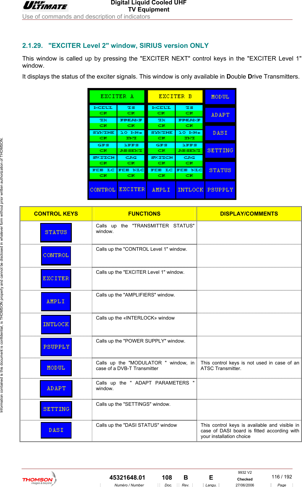  Digital Liquid Cooled UHF TV Equipment Use of commands and description of indicators  Information contained is this document is confidential, is THOMSON property and cannot be disclosed in whatever form without prior written authorization of THOMSON.                        2.1.29.  "EXCITER Level 2" window, SIRIUS version ONLY  Double Drive Transmitters.  This window is called up by pressing the "EXCITER NEXT" control keys in the "EXCITER Level 1" window. It displays the status of the exciter signals. This window is only available in  CONTROL KEYS FUNCTIONS DISPLAY/COMMENTS  Calls up the "TRANSMITTER STATUS" window.   Calls up the "CONTROL Level 1" window.    Calls up the "EXCITER Level 1" window.    Calls up the "AMPLIFIERS" window.    Calls up the &laquo;INTERLOCK&raquo; window     Calls up the "POWER SUPPLY" window.    Ccase of a DVB-T alls up the "MODULATOR " window, in Transmitter This control keys is not used in case of an ATSC Transmitter.  Calls up the " ADAPT PARAMETERS " window.   Call  s up the "SETTINGS" window. Call i control keys is available and visible in s of DASI board is fitted according with your installation choice s up the "DASI STATUS" window  Thcas e   9932 V2  45321648.01  108  B    E  Checked  116 / 192Num&eacute;ro / Number Doc. Rev. Langu. 27/06/2006 Page 