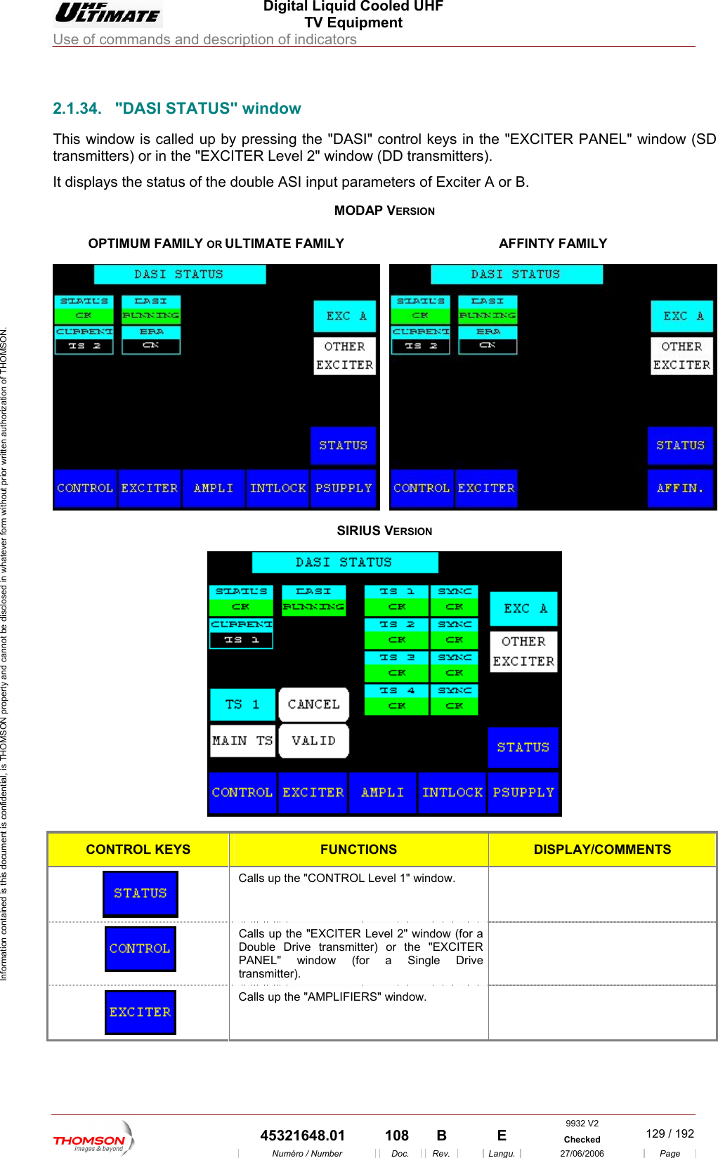  Digital Liquid Cooled UHF TV Equipment Use of commands and description of indicators  Information contained is this document is confidential, is THOMSON property and cannot be disclosed in whatever form without prior written authorization of THOMSON.                        2.1.34.  "DASI STATUS" window This window is called up by pressing the "DASI" control keys in the "EXCITER PANEL" window (SD transmitters) or in the "EXCITER Level 2" window (DD transmitters). It displays th f Excite  A or B.  MODAP VERSION OPTIMUM FAMILY OR ULTIMATE FAMILY e status of the double ASI input parameters o rAFFINTY FAMILY SIRIUS VERSION   CONTROL KEYS FUNCTIONS DISPLAY/COMMENTS  Calls up the "CONTROL Level 1" window.    Calls up the "EXCITER Level 2" window (for a Double Drive transmitter) or the "EXCITER PANEL" window (for a Single Drive transmitter).   Calls up the "AMPLIFIERS" window.   9932 V2  45321648.01  108  B    E  Checked  129 / 192Num&eacute;ro / Number Doc. Rev. Langu. 27/06/2006 Page 