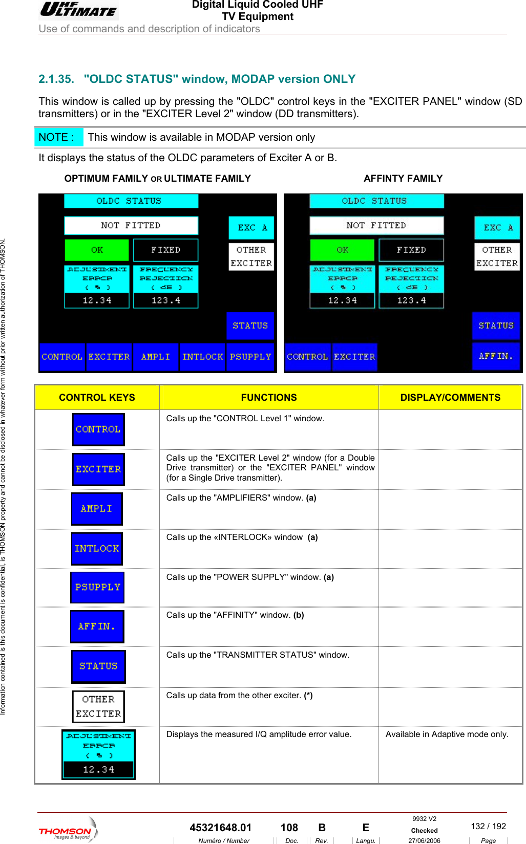  Digital Liquid Cooled UHF TV Equipment Use of commands and description of indicators  Information contained is this document is confidential, is THOMSON property and cannot be disclosed in whatever form without prior written authorization of THOMSON.                        2. US" window, MODAP version ONLY This window is called up by R PANEL" window (SD transmitters) or in the "EXCITER Level 2" window (DD transmitters). 1.35.  "OLDC STAT pressing the "OLDC" control keys in the "EXCITENOTE :  This window is available in MODAP version only  It displays the status of the OLDC parameters of Exciter A or B.  OPTIMUM FAMILY OR ULTIMATE FAMILY  AFFINTY FAMILY  CONTROL KEYS FUNCTIONS DISPLAY/COMMENTS  Calls up the "CONTROL Level 1" window.    Calls up the "EXCITER Level 2" window (for a Double Drive transmitter) or the "EXCITER PANEL" window (for a Single Drive transmitter).   Calls up the "AMPLIFIERS" window. (a)   Calls up the &laquo;INTERLOCK&raquo; window  (a)   Calls up the "POWER SUPPLY" window. (a)   Calls up the "AFFINITY" window. (b)   Calls up the "TRANSMITTER STATUS" window.    Calls up data from the other exciter. (*)   Displays the measured I/Q amplitude error value.  Available in Adaptive mode only. 9932 V2  45321648.01  108  B    E  Checked  132 / 192Num&eacute;ro / Number Doc. Rev. Langu. 27/06/2006 Page 