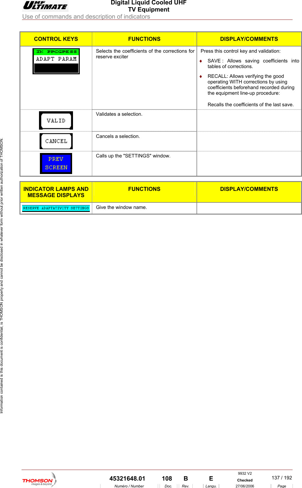  Digital Liquid Cooled UHF TV Equipment Use of commands and description of indicators  Information contained is this document is confidential, is THOMSON property and cannot be disclosed in whatever form without prior written authorization of THOMSON. CONTROL KEYS  FUNCTIONS DISPLAY/COMMENTS Selects the coefficients of the corrections for  Press this contrreserve exciter  &diams;  SAVE : Allows saving coefficients into   ol key and validation: tables of corrections. &diams;  RECALL: Allows verifying the good operating WITH corrections by using coefficients beforehand recorded during the equipment line-up procedure:  Recalls the coefficients of the last save. Validates a sele  ction.  Cancels a selection.    C  alls up the "SETTINGS" window.   INDICATOR L PS AND  FUNCTIONS  DISPLAY/COMMENTS AMMESSAGE DISPLAYS  Give the window name.       9932 V2  45321648.01  108  B    E  Checked  137 / 192Num&eacute;ro / Number Doc. Rev. Langu. 27/06/2006 Page 
