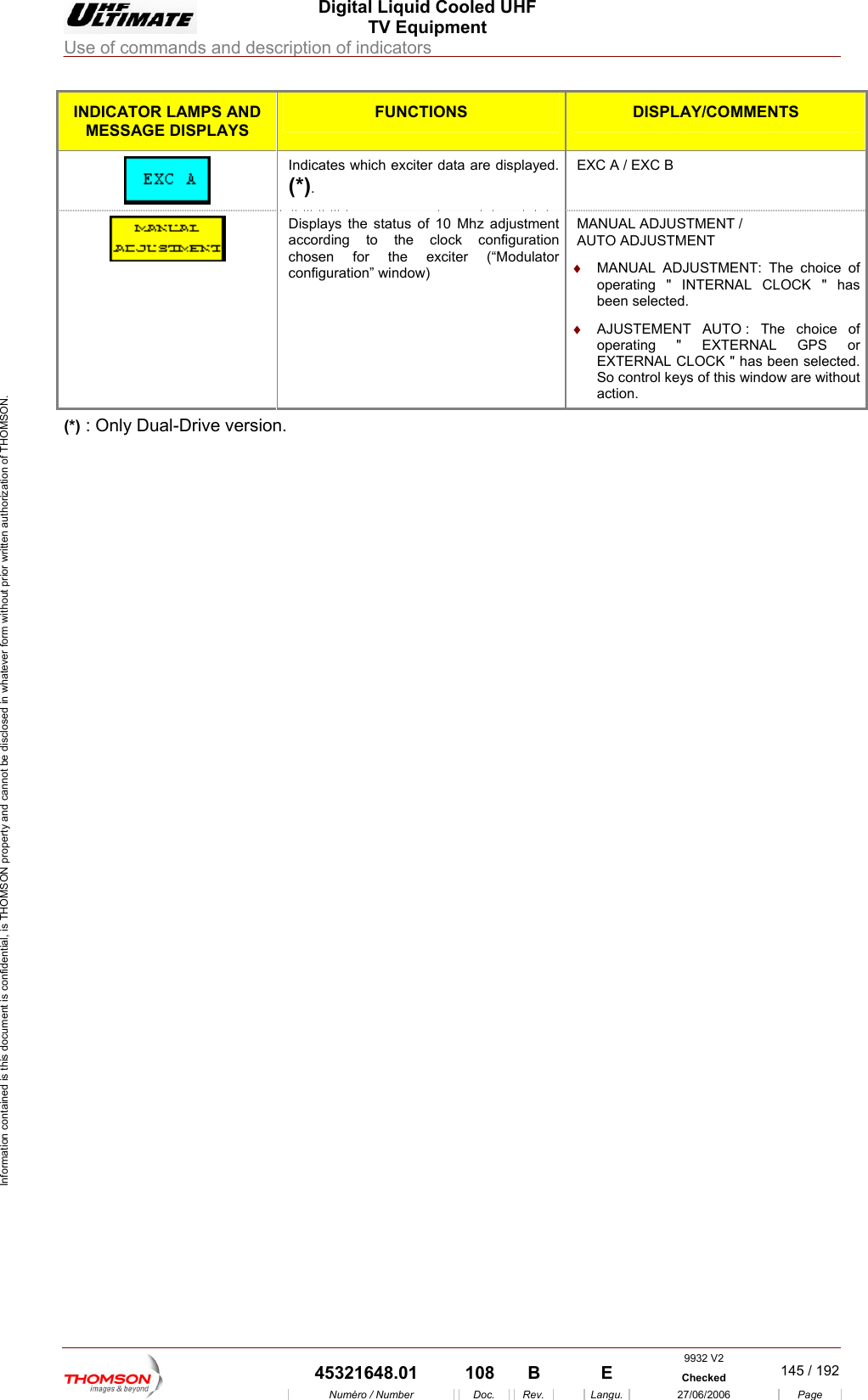  Digital Liquid Cooled UHF TV Equipment Use of commands and description of indicators  Information contained is this document is confidential, is THOMSON property and cannot be disclosed in whatever form without prior written authorization of THOMSON. IND ND ICATOR LAMPS AMESSAGE DISPLAYS FUNCTIONS  DISPLAY/COMMENTS  Indicates which exciter data are displayed.(*). EXC A / EXC B Displays the status of 10 Mhz adjustment according to the clock configurationchosen for the exciter (&ldquo;Modulator configuration&rdquo; window) MANUAL ADJUSTMENT /                    AUTO ADJUSTMENT &diams;  MANUAL ADJUSTMENT: The choice of operating " INTERNAL CLOCK " has been selected. &diams;  AJUSTEMENT AUTO : The choice of operating " EXTERNAL GPS or EXTERNAL CLOCK " has been selected. So control keys of this window are without action.   (*) : Only Dual-Drive version.    9932 V2  45321648.01  108  B    E  Checked  145 / 192Num&eacute;ro / Number Doc. Rev. Langu. 27/06/2006 Page 