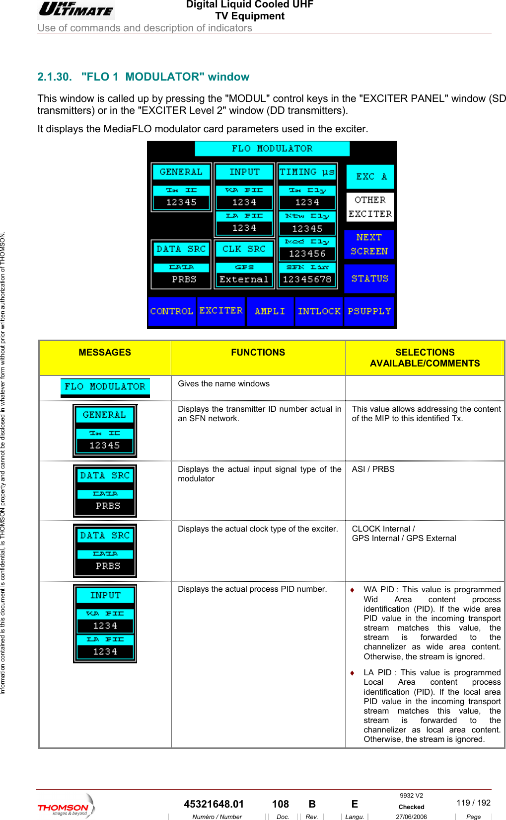  Digital Liquid Cooled UHF TV Equipment Use of commands and description of indicators  Information contained is this document is confidential, is THOMSON property and cannot be disclosed in whatever form without prior written authorization of THOMSON.                        2.1.30.  "FLO 1  MODULATOR" window This window is called up by pressing the "MODUL" control keys in the "EXCITER PANEL" window (SD transmitters) or in the "EXC w (DD transmitters).  displays the MediaFLO modulator card parameters used in the exciter. ITER Level 2" windoIt  MESSAGES FUNCTIONS SELECTIONS AVAILABLE/COMMENTS  Gives the name windows    Displays the transmitter ID number actual in an SFN network. This value allows addressing the content of the MIP to this identified Tx.  Displays the actual input signal type of the modulator ASI / PRBS  Displays the actual clock type of the exciter.  CLOCK Internal /  GPS Internal / GPS External   Displays the actual process PID number.  &diams;  WA PID : This value is programmed Wid Area content process identification (PID). If the wide area PID value in the incoming transport stream matches this value, the stream is forwarded to the channelizer as wide area content. Otherwise, the stream is ignored. &diams;  LA PID : This value is programmed Local Area content process identification (PID). If the local area PID value in the incoming transport stream matches this value, the stream is forwarded to the channelizer as local area content. Otherwise, the stream is ignored. 9932 V2  45321648.01  108  B    E  Checked  119 / 192Num&eacute;ro / Number Doc. Rev. Langu. 27/06/2006 Page 