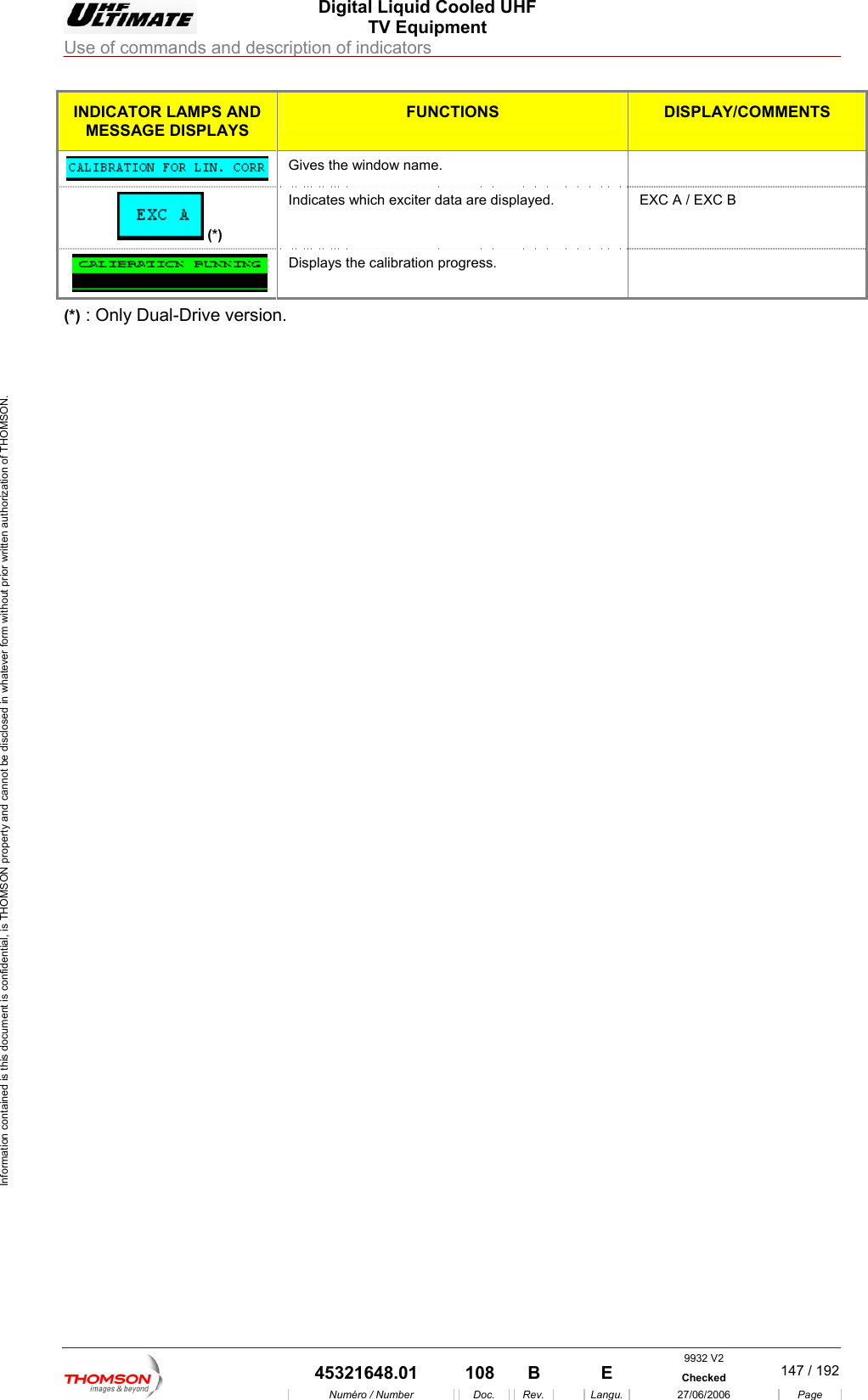  Digital Liquid Cooled UHF TV Equipment Use of commands and description of indicators  Information contained is this document is confidential, is THOMSON property and cannot be disclosed in whatever form without prior written authorization of THOMSON. IND ND ICATOR LAMPS AMESSAGE DISPLAYS FUNCTIONS DISPLAY/COMMENTS   Gives the window name.  (*) Indicates which exciter data are displayed.  EXC A / EXC B  Displays the calibration progress.    : Only Dual-Drive version.  (*) 9932 V2  45321648.01  108  B    E  Checked  147 / 192Num&eacute;ro / Number Doc. Rev. Langu. 27/06/2006 Page 