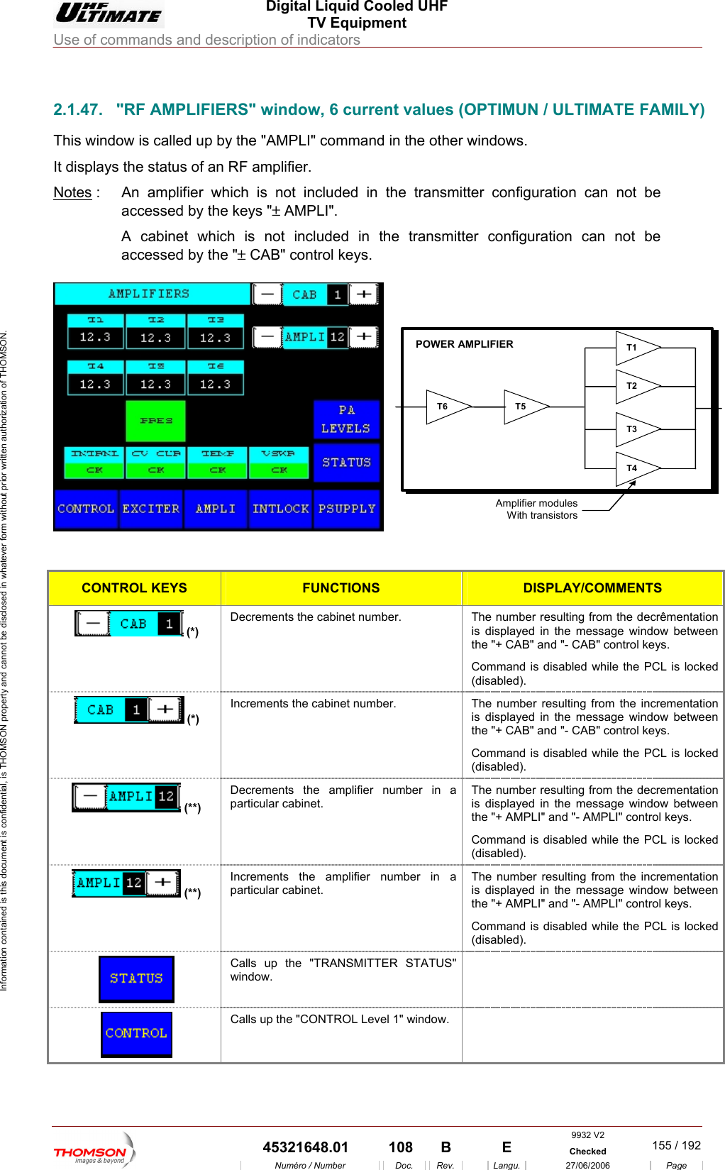  Digital Liquid Cooled UHF TV Equipment Use of commands and description of indicators  Information contained is this document is confidential, is THOMSON property and cannot be disclosed in whatever form without prior written authorization of THOMSON.                        2.1.47.  "RF AMPLIFIERS" window, 6 current values (OPTIMUN / ULTIMATE FAMILY) This window is called up by the "AMPLI" command in the other windows. It displays the status of an RF amplifier.  Notes :  An amplifier which is not included in the transmitter configuration can not be accessed by the keys "&plusmn; AMPLI".  A cabinet which is not included in the transmitter configuration can not be accessed by the "&plusmn; CAB" co ntrol keys.   T1T2T3T4T5T6POWER AMPLIFIERAmplifier modulesWith transistors  CONTROL KEYS FUNCTIONS DISPLAY/COMMENTS  (*) Decrements the cabinet number.  The number resulting from the decr&ecirc;mentation is displayed in the message window bet een the "+ CAB" and "- CAB" control keys. mmand is disabl while the PCL is locked wCo(ded isabled). (*)   The numbeis  between th eys. ommand is disabled while the PCL is locked isabled). Increments the cabinet number. r resulting from the incrementation  displayed in the message windowe "+ CAB" and "- CAB" control kC(d  (**)  Decrements the amplifier number in a particular cabinet. T crementation is displaythhile the PCL is locked isabled). he number resulting from the deed in the message window between e "+ AMPLI" and "- AMPLI" control keys. Command is disabled w(d (**) Increments the amplifier number in a particular cabinet. T  is  thC the PCL is locked he number resulting from the incrementation displayed in the message window betweene "+ AMPLI" and "- AMPLI" control keys. ommand is disabled while (disabled). Calls up the "TRA NSMITTER STATUS" window.   Calls up the "CONTROL Level 1" window.   9932 V2  45321648.01  108  B    E  Checked  155 / 192Num&eacute;ro / Number Doc. Rev. Langu. 27/06/2006 Page 