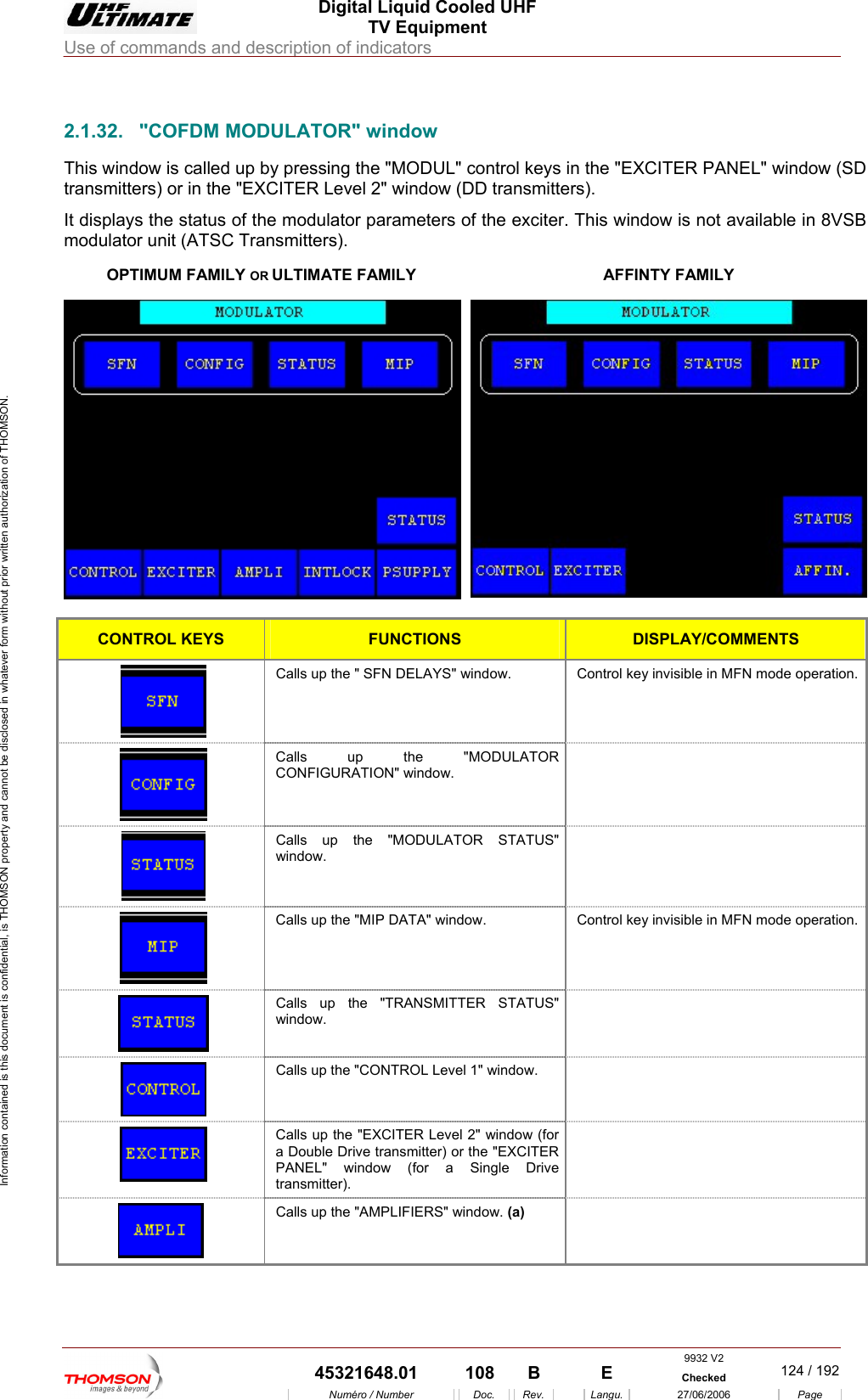  Digital Liquid Cooled UHF TV Equipment Use of commands and description of indicators  Information contained is this document is confidential, is THOMSON property and cannot be disclosed in whatever form without prior written authorization of THOMSON.                        2.1.32. "COFDM MODULATOR" window This window is called up by pressing the "MODUL" control keys in the "EXCITER PANEL" window (SD transmitters) or in the "EXCITER Level 2" window (DD transmitters). It displays the status of the m Thi window is not available in 8VSB modulator unit (ATSC TransOPTIMUM FA ILY OR ULTIMATE FAMILY odulator parameters of the exciter.  s mitters). MAFFINTY FAMILY  CONTROL KEYS FUNCTIONS DISPLAY/COMMENTS Calls up the " SFN DELAY " window.  Control key invisible in MFN mode operation. S Calls up the "CMODULATOR ONFIGURATION" window.   Calls up the  w  "MODULATOR STATUS"indow.  Calls up the "MIP DATA" window.  Control key invisible in MFN mode operation. Cwalls up the "TRANSMITTER STATUS" indow.   Calls up the "CONTROL Level 1" window.    Calls up the "EXCITER Level 2"  w (for a Double Drive transmitter) or the "EXCITER PANEL" window (for a Single Drive transmitter).  windo C alls up the "AMPLIFIERS" window. (a)  9932 V2  45321648.01  108  B    E  Checked  124 / 192Num&eacute;ro / Number Doc. Rev. Langu. 27/06/2006 Page 