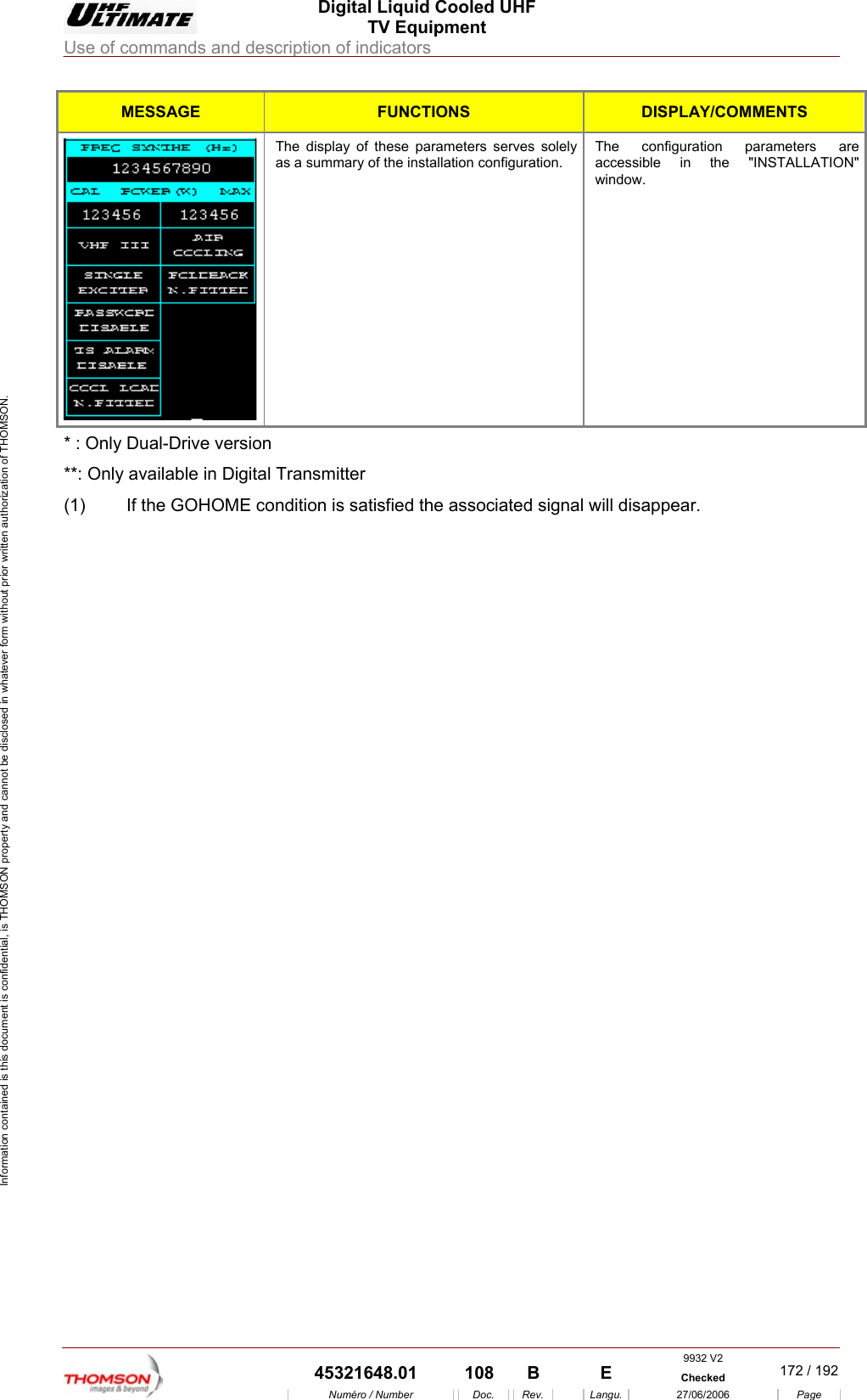  Digital Liquid Cooled UHF TV Equipment Use of commands and description of indicators  Information contained is this document is confidential, is THOMSON property and cannot be disclosed in whatever form without prior written authorization of THOMSON. MESSAGE FUNCTIONS DISPLAY/COMMENTS  The display of these parameters serves solely as a summary of the installation configuration. The configuration parameters are accessible in the "INSTALLATION" window. * : Only Dual-Drive version **: Only available in Digital Transmitter  (1)  If the GOHOME condition is satisfied the associated signal will disappear.    9932 V2  45321648.01  108  B    E  Checked  172 / 192Num&eacute;ro / Number Doc. Rev. Langu. 27/06/2006 Page 