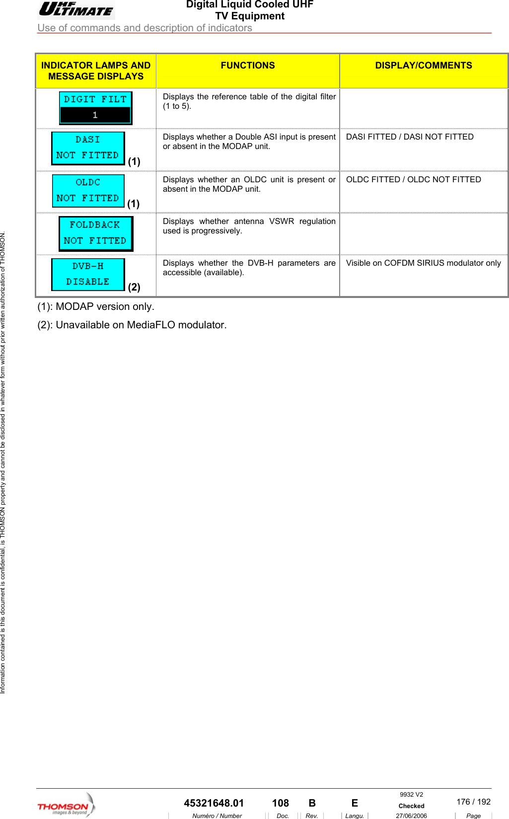  Digital Liquid Cooled UHF TV Equipment Use of commands and description of indicators  Information contained is this document is confidential, is THOMSON property and cannot be disclosed in whatever form without prior written authorization of THOMSON. INDICATOR LAMPS AND MESSAGE DISPLAYS FUNCTIONS DISPLAY/COMMENTS Displays th(1 to 5).  e reference table of the digital filter    (1) I input is present P unit. DASI FITTED / DASI NOT FITTED Displays whether a Double ASor absent in the MODADisplays whether an O (1) LDC unit is present or absent in the MODAP unit. OLDC FITTED / OLDC NOT FITTED    used is progressively. Displays whether antenna VSWR regulation    (2) accessible (available). Displays whether the DVB-H parameters are  Visible on COFDM SIRIUS modulator only (1): MODAP version only. vailable on MediaFLO modulator.  (2): Una 9932 V2  45321648.01  108  B    E  Checked  176 / 192Num&eacute;ro / Number Doc. Rev. Langu. 27/06/2006 Page 