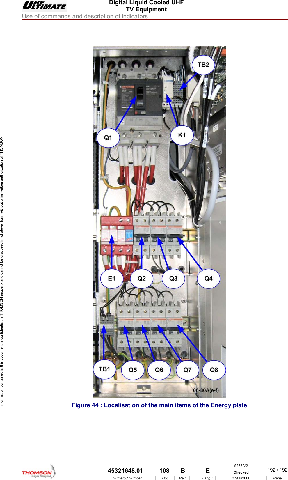  Digital Liquid Cooled UHF TV Equipment Use of commands and description of indicators  9932 V2  45321648.01  108  B    E  Checked  192 / 192Num&eacute;ro / Number Doc. Rev. Langu. 27/06/2006 Page Information contained is this document is confidential, is THOMSON property and cannot be disclosed in whatever form without prior written authorization of THOMSON.    Figure 44 : Localisation of the main items of the Energy plate  