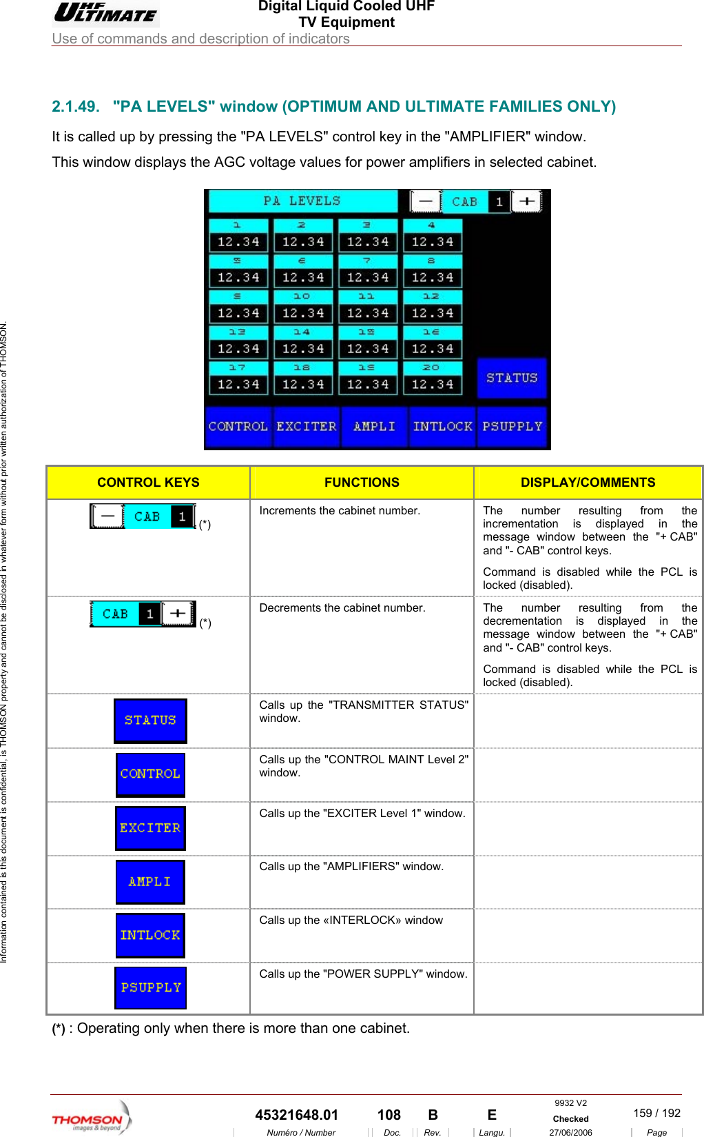  Digital Liquid Cooled UHF TV Equipment Use of commands and description of indicators  Information contained is this document is confidential, is THOMSON property and cannot be disclosed in whatever form without prior written authorization of THOMSON.                        2.1.49.  "PA LEVELS" window (OPTIMUM AND ULTIMATE FAMILIES ONLY) It is called up by pressing t PThis window displays the AGC voltage values for power amplifiers in selected cabinet.  he "PA LEVELS" control key in the "AM LIFIER" window.   CONTROL KEYS FUNCTIONS DISPLAY/COMMENTS  (*) Increments the cabinet number.  The number resulting from the incrementation is displayed in the message window between the "+ CAB" and "- CAB" control keys. Command is disabled while the PCL is locked (disabled).  (*) Decrements the cabinet number.  The number resulting from the decrementation is displayed in the message window between the "+ CAB" and "- CAB" control keys. Command is disabled while the PCL is locked (disabled).  Calls up the "TRANSMITTER STATUS" window.   Calls up the "CONTROL MAINT Level 2" window.   Calls up the "EXCITER Level 1" window.    Calls up the "AMPLIFIERS" window.    Calls up the &laquo;INTERLOCK&raquo; window     Calls up the "POWER SUPPLY" window.  (*) : Operating only when there is more than one cabinet. 9932 V2  45321648.01  108  B    E  Checked  159 / 192Num&eacute;ro / Number Doc. Rev. Langu. 27/06/2006 Page 